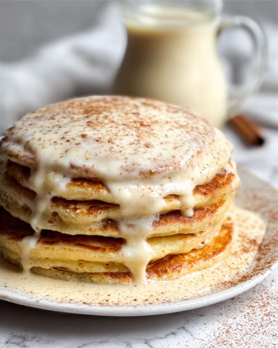 A stack of five thick, golden pancakes sits in the middle of a white plate, each layer fluffy with small air bubbles visible on the sides. The top pancake is covered in a smooth, creamy white sauce that slowly drips down the sides of the stack. A light dusting of fine brown powder, perhaps cinnamon, is sprinkled evenly over the sauce, adding a touch of color contrast. The background is a white marbled texture, and a slightly blurred glass pitcher filled with the same creamy sauce is placed behind the plate. photo taken with an iphone --ar 4:5 --v 7