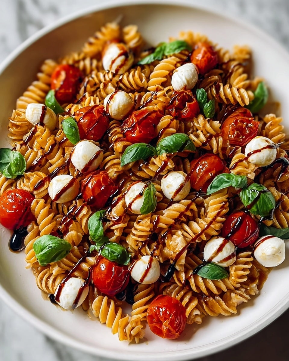 A dish with three main layers is shown on a white plate against a white marbled background. The first layer is light golden brown, made of spiral pasta filling the bottom and middle of the plate. The second layer has bright red cherry tomatoes and small white mozzarella balls scattered evenly over the pasta. Fresh green basil leaves add color and are spread over both tomatoes and cheese. The final layer is dark, glossy balsamic glaze drizzled in thin lines across the whole dish, adding a shiny texture contrast and depth of color. Photo taken with an iphone --ar 4:5 --v 7