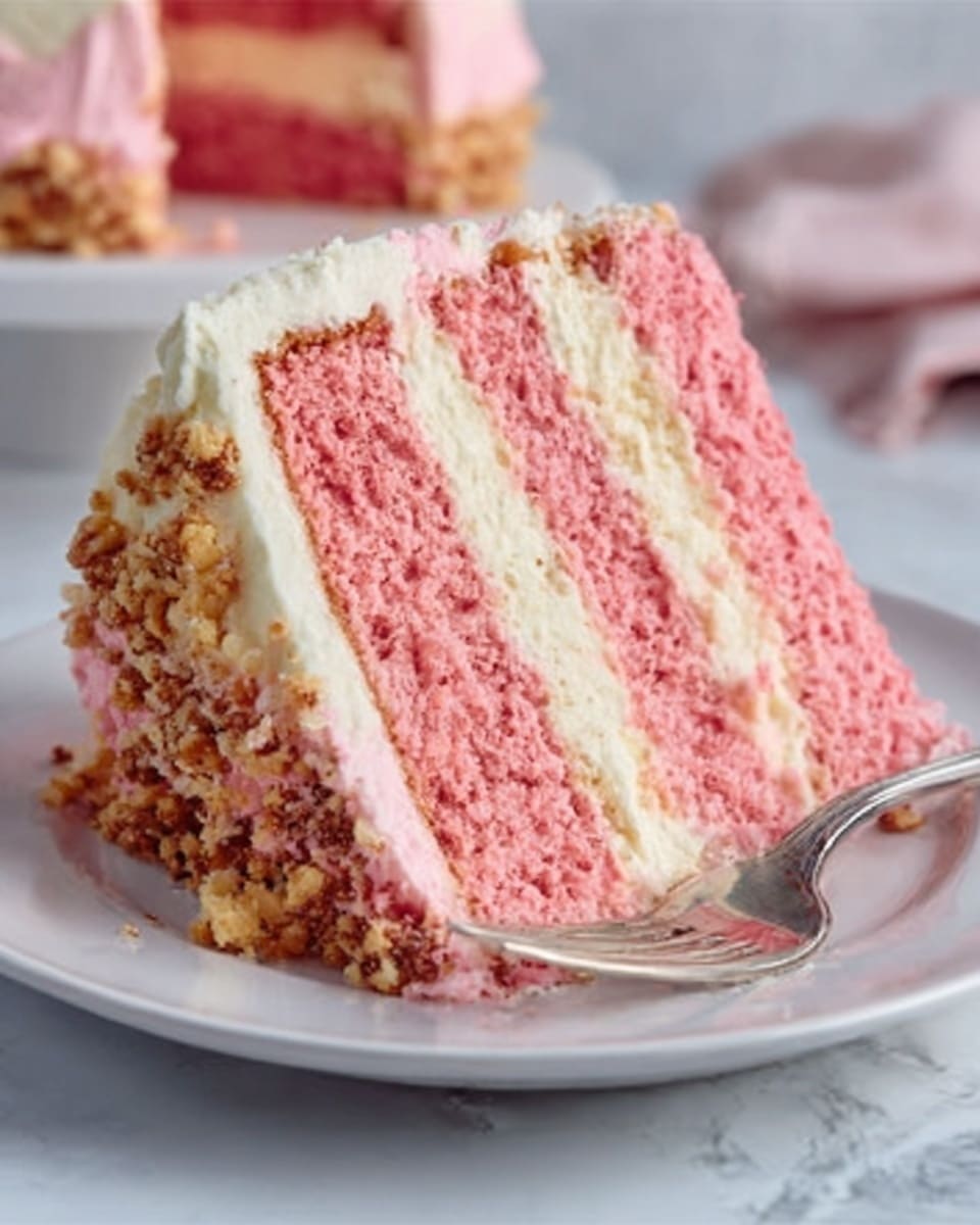 A slice of pink layered cake sits on a white plate on a white marbled surface. The cake has three layers: the top and bottom layers are soft and moist pink sponge, with a light and creamy white frosting layer in the middle. The outside of the cake is coated with crushed nuts, adding a rough texture around the edges. A silver fork is placed beside the slice on the plate. Photo taken with an iphone --ar 4:5 --v 7