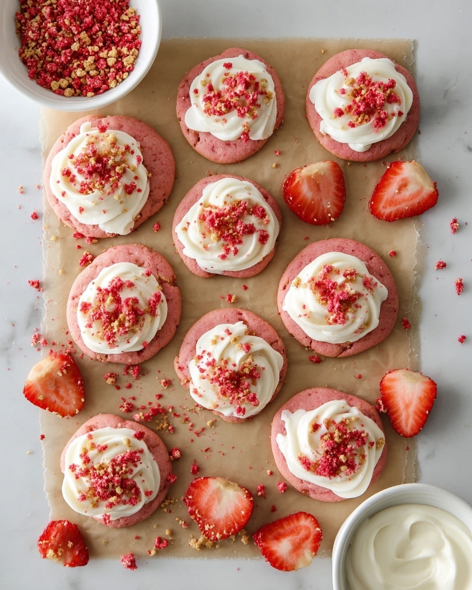 The image shows nine round, pink cookies arranged on a light brown paper on a white marbled surface. Each cookie has a thick layer of white cream frosting on top, applied in a wavy pattern. They are sprinkled with red and light brown crumbs that add texture and color contrast. Scattered around the cookies are fresh strawberry slices and loose crumbs, adding a fresh look. There are two small white bowls visible; one on the left holds more of the crumb mix, and one on the right contains smooth white cream. The whole scene is bright and clean with a soft, inviting feel. photo taken with an iphone --ar 4:5 --v 7