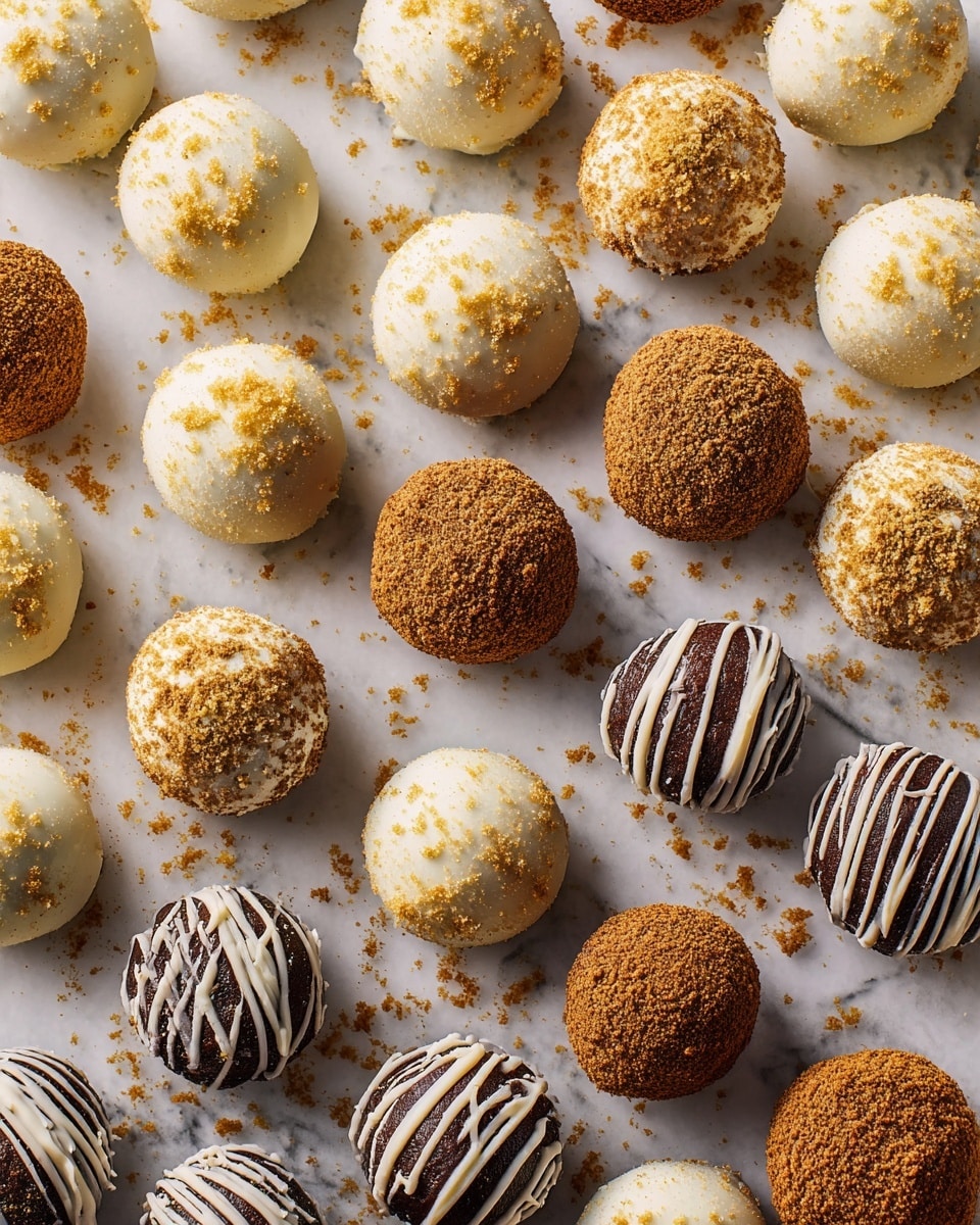 The image shows many round truffles arranged closely together on a white marbled surface. There are three types of truffles: some are coated in smooth white chocolate with a light dusting of golden crumbs on top, others are covered fully in a dark brown crumb coating, and a few dark crumb-coated truffles have white chocolate drizzled over the top in thin lines. The colors contrast nicely with the white marbled background, and the texture of the crumbs adds visible graininess to the smooth truffle shapes. photo taken with an iphone --ar 4:5 --v 7