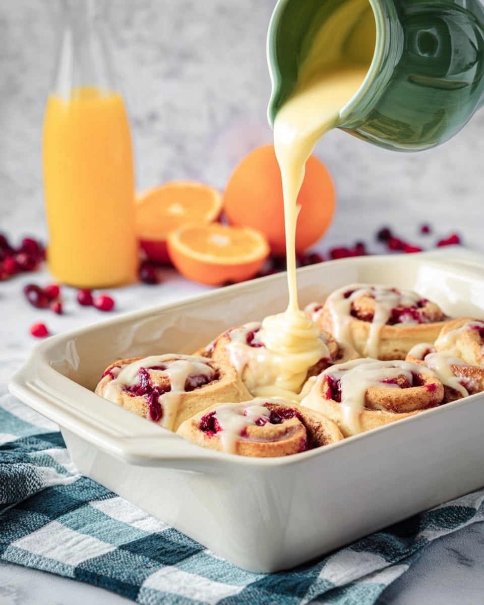 The image shows a white baking dish filled with nine cinnamon rolls, each with visible swirls of red berry filling. A thick, creamy, light yellow icing is being poured from a green pitcher onto the top center of the rolls, flowing down gently and covering part of the swirls. In the background, there is a glass bottle containing orange juice and fresh oranges, with some orange halves and cranberries scattered around. The baking dish rests on a blue and white checkered cloth on a white marbled texture surface. photo taken with an iphone --ar 4:5 --v 7