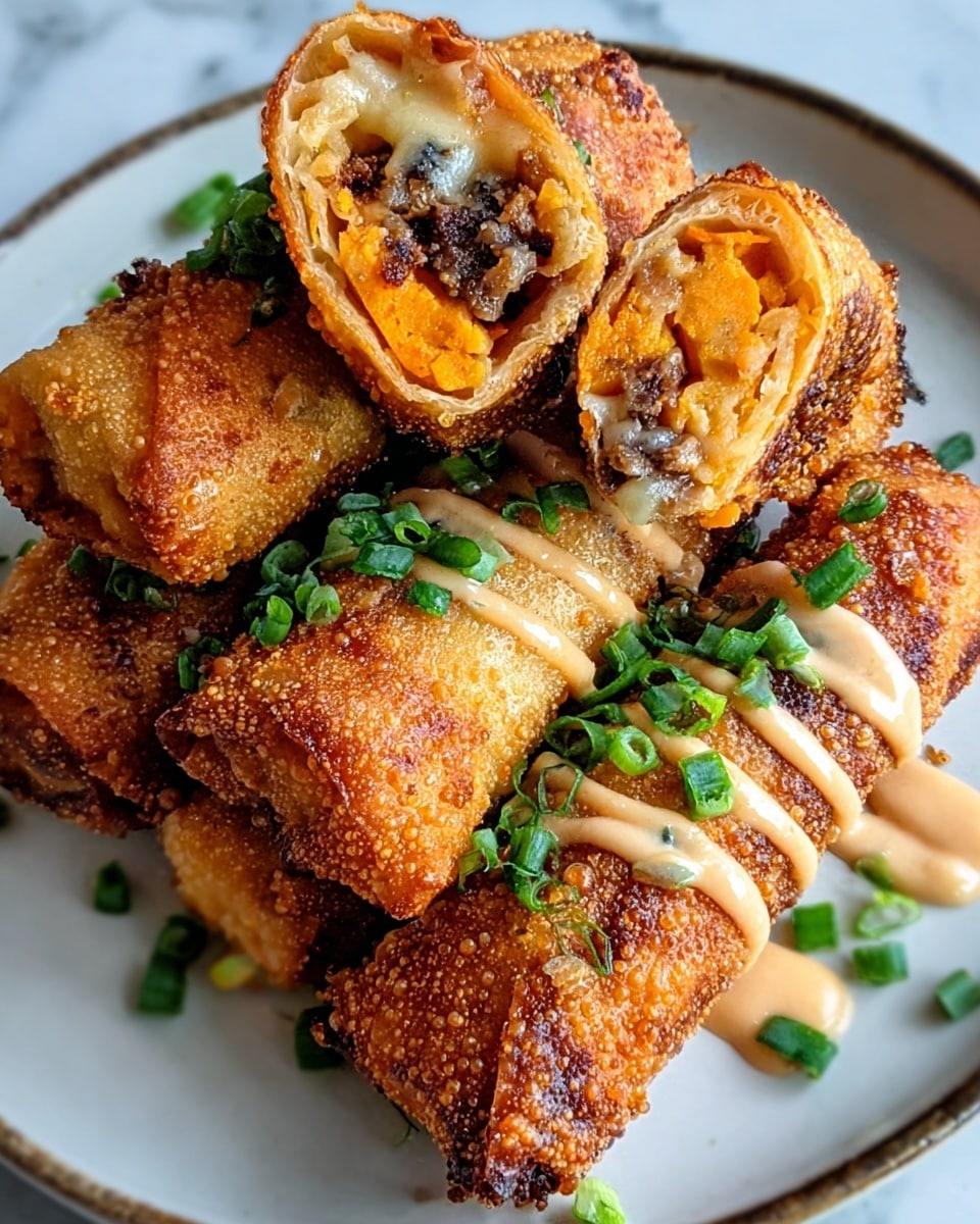 The image shows a close-up of a sliced, golden-brown fried roll arranged on a white plate. The roll has about three visible layers: the crispy outer fried layer with a shiny texture from the sauce drizzled on top in a zigzag pattern, an inner layer of fluffy yellow egg, and a soft white layer inside. Green chopped herbs are sprinkled on top, adding a fresh touch. In the background, a woman's hand gently holds one piece of the roll, and there is a blurry light blue cup and a slice of red tomato on the white marbled surface. Photo taken with an iphone --ar 4:5 --v 7