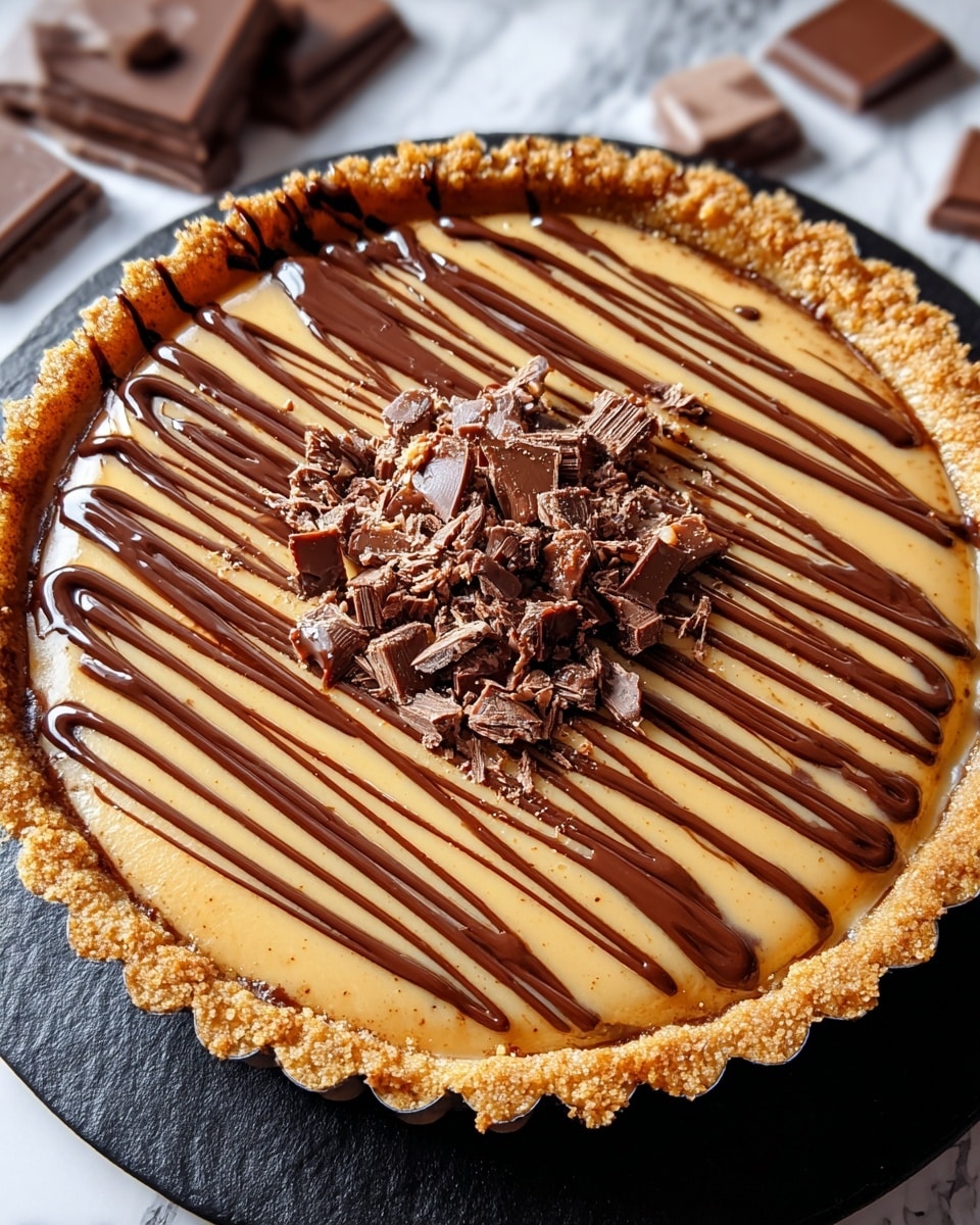 A round tart with a golden-brown crumbly crust forming the base and edges, filled with a smooth, glossy caramel layer of deep light brown color. On top, there are dark chocolate drizzle lines evenly spread across the surface, with small pieces of crushed chocolate scattered in the center. The tart is on a white marble surface. The photo taken with an iphone --ar 4:5 --v 7