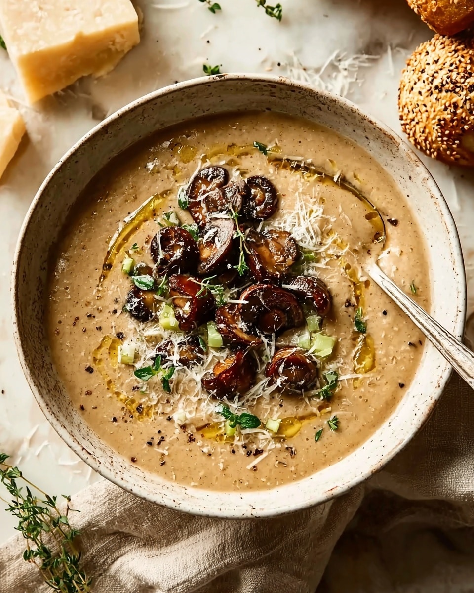 A rustic white bowl filled with creamy light brown mushroom soup forms the base layer with a smooth texture; on top sits a cluster of small, dark brown sautéed mushrooms, bright green finely chopped celery, and a sprinkle of finely grated white cheese, all drizzled with golden olive oil and speckled with black pepper and fresh green thyme leaves; a silver spoon rests inside the bowl on the right side, and the bowl sits on a soft beige cloth on a white marbled surface, with a block of Parmesan cheese and sesame bread rolls blurred in the background. photo taken with an iphone --ar 4:5 --v 7