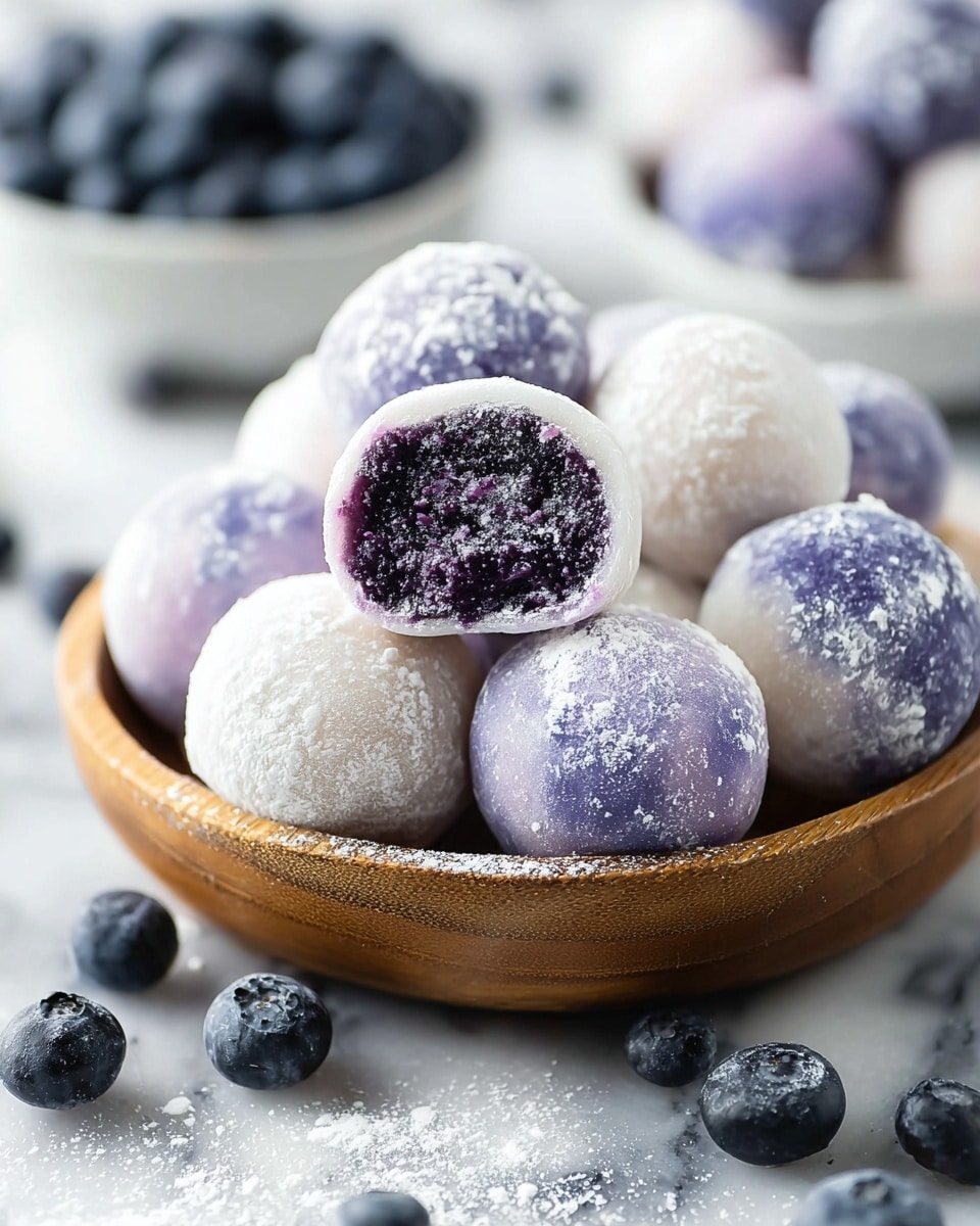 The image shows a wooden bowl filled with round mochi balls covered in a light white powder. The mochi balls have two colors: pure white and purple shades with a powdery texture. One mochi ball on top is cut open, revealing a deep purple, chunky filling inside. Around the bowl, there are fresh blueberries and scattered white powder on a white marbled surface. In the background, there are two white bowls filled with whole blueberries. The photo is bright and close-up, focusing on the soft, powder-covered mochi and their smooth, chewy texture. photo taken with an iphone --ar 4:5 --v 7