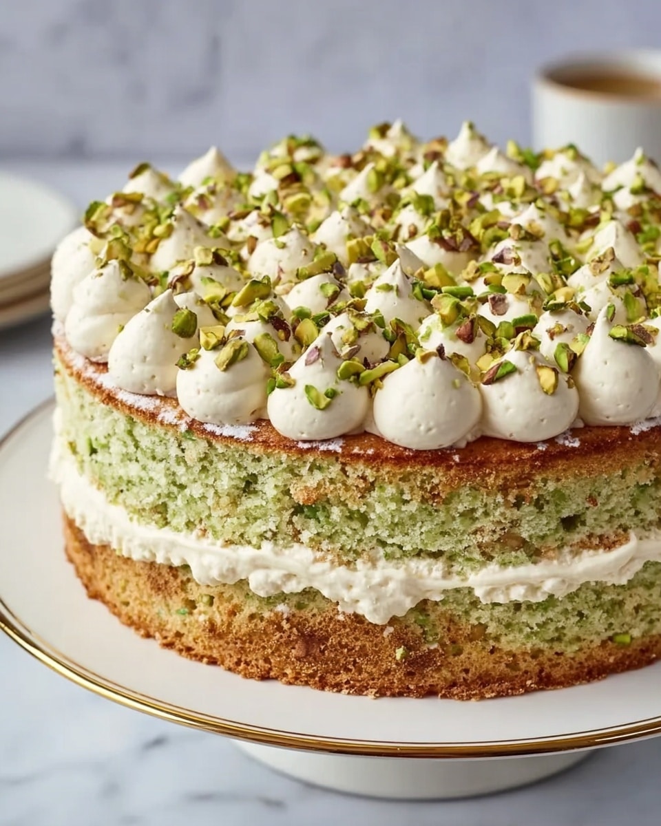 A two-layer cake with a light green sponge that has small green bits inside, showing a nutty texture. Between the layers is a thick white cream piped in round dollops, evenly spaced. On top of the cake, there are larger dollops of the same white cream, spaced evenly around the edge, covered with chopped green and brown pistachios. The cake sits on a white plate with a thin gold rim, placed on a white marbled surface. photo taken with an iphone --ar 4:5 --v 7