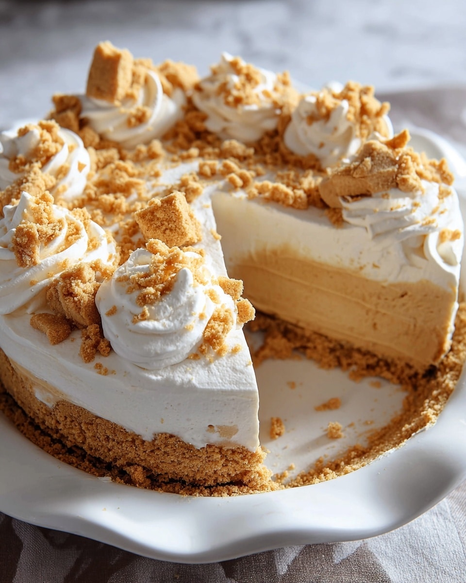 This image shows a creamy pie with four thick layers. The bottom layer is a golden brown crumbly crust, followed by a smooth light brown filling. On top of this filling is a thick, white, fluffy whipped cream layer, slightly swirled. The pie is decorated with dollops of whipped cream with crumbly golden brown cookie pieces sprinkled all over both the topping and the edges. The pie is placed on a white plate with a wavy edge, sitting on a white marbled textured surface, and a slice is missing from the pie, showing the inside layers clearly. photo taken with an iphone --ar 4:5 --v 7