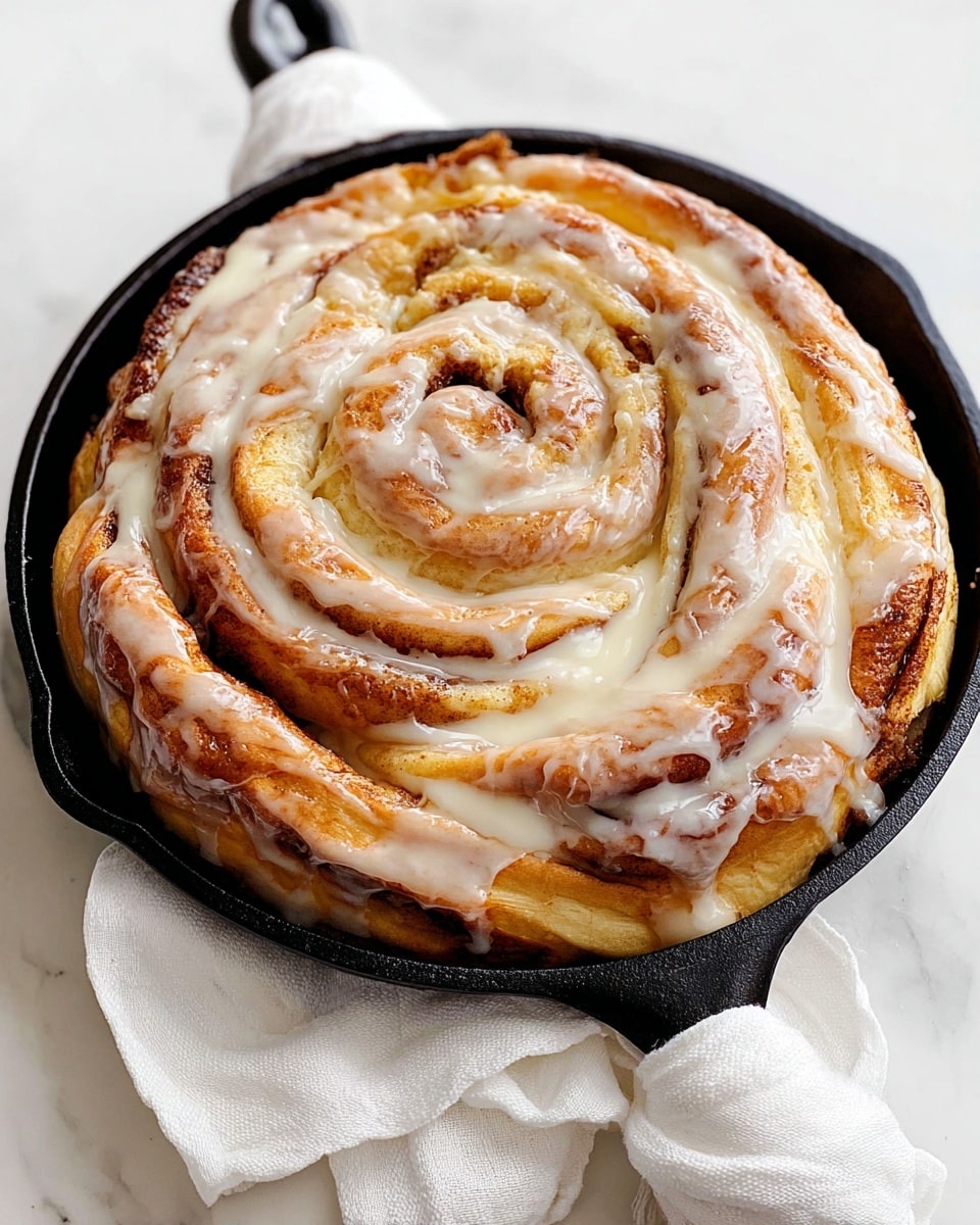 A large cinnamon roll swirled with several thick layers of soft, golden-brown dough covered in a shiny, white glaze that drips down the sides and between the layers. The roll is placed in a black cast iron skillet with a white cloth wrapped around its handle, sitting on a white marbled surface. The cinnamon layers are visible in the twisting spiral, giving a mix of light tan and deeper brown tones under the creamy glaze. Photo taken with an iphone --ar 4:5 --v 7