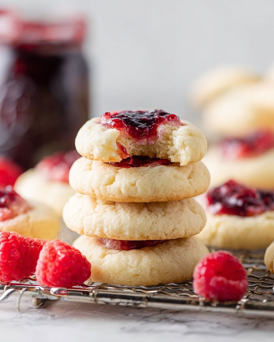 A stack of four light golden cookies sits on a metal cooling rack over a white marbled surface. Each cookie is thick and soft with a slightly cracked texture. The top cookie has a bitten edge showing a soft interior and a dollop of dark red jam with visible berry seeds in the center. Surrounding the stack are more cookies topped with the same jam, fresh bright red raspberries, and a blurred glass jar filled with dark red jam in the background. The scene is softly lit and focused on the cookies in the front. photo taken with an iphone --ar 4:5 --v 7