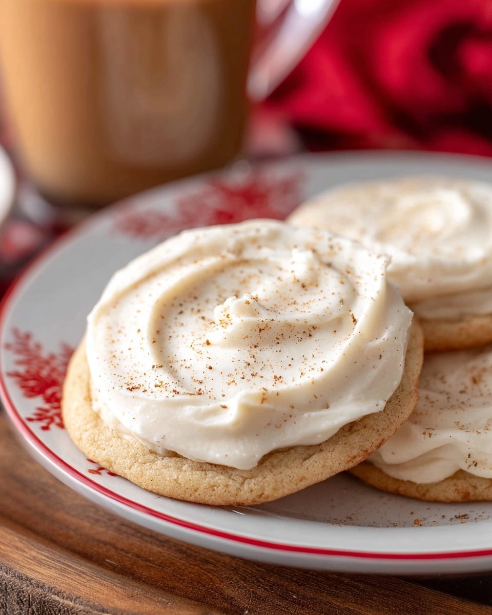 A round cookie with a light golden-brown base that looks soft and crumbly, topped with one thick layer of creamy white frosting sprinkled lightly with brown spice powder, a bite taken out from the front of the cookie showing its soft inside, placed on a small piece of crumpled white parchment paper on a wooden surface, with part of a clear glass containing a light beige drink visible on the left side and blurred background featuring a white plate with more frosted cookies and some red berries on a white marbled surface. photo taken with an iphone --ar 4:5 --v 7