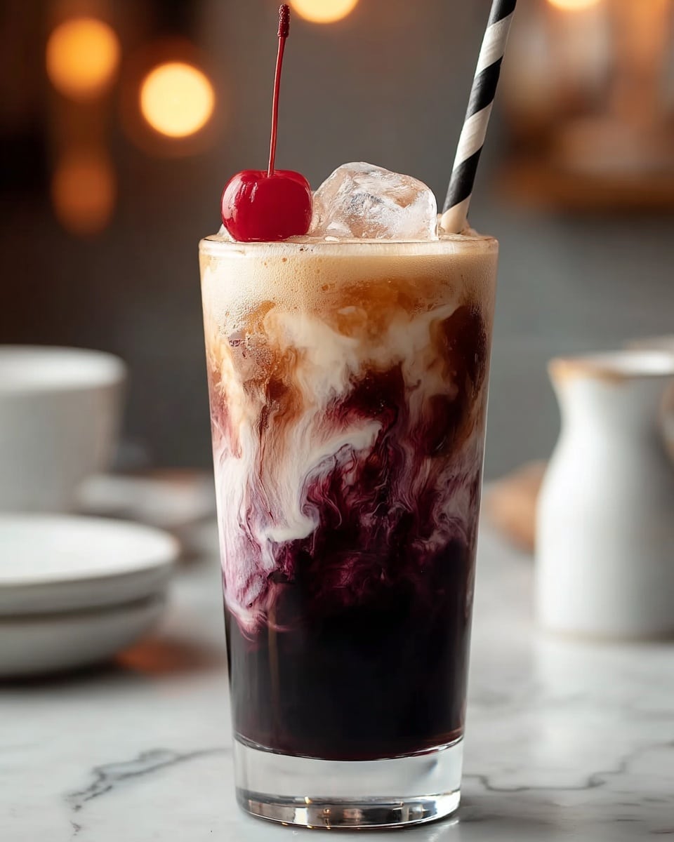 A tall clear glass filled with three visible layers: a dark purple base that looks thick and rich, a middle layer with swirls where creamy white mixes with the purple, and a foamy light brown top layer. On top of the drink, there are clear ice cubes and a single bright red cherry with its stem sticking out. A black and white striped straw is placed on the right side inside the glass. The glass is set on a white marbled surface with blurred warm lights and out-of-focus white plates and a white container in the background. Photo taken with an iphone --ar 4:5 --v 7