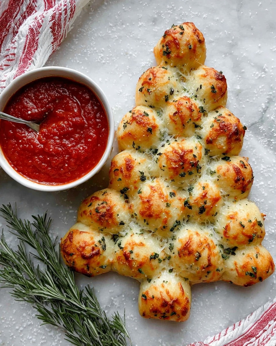 A triangular shaped bread made of small, round golden brown dough balls, lightly browned on the tops with melted cheese and green herb bits sprinkled over and between them, forming a Christmas tree shape with a short stem at the bottom; next to the bread is a white bowl filled with thick red marinara sauce and a silver spoon coated with the sauce resting beside it, all placed on a white marbled textured surface with a sprig of rosemary and some red and white striped cloth partially visible in the corner. photo taken with an iphone --ar 4:5 --v 7