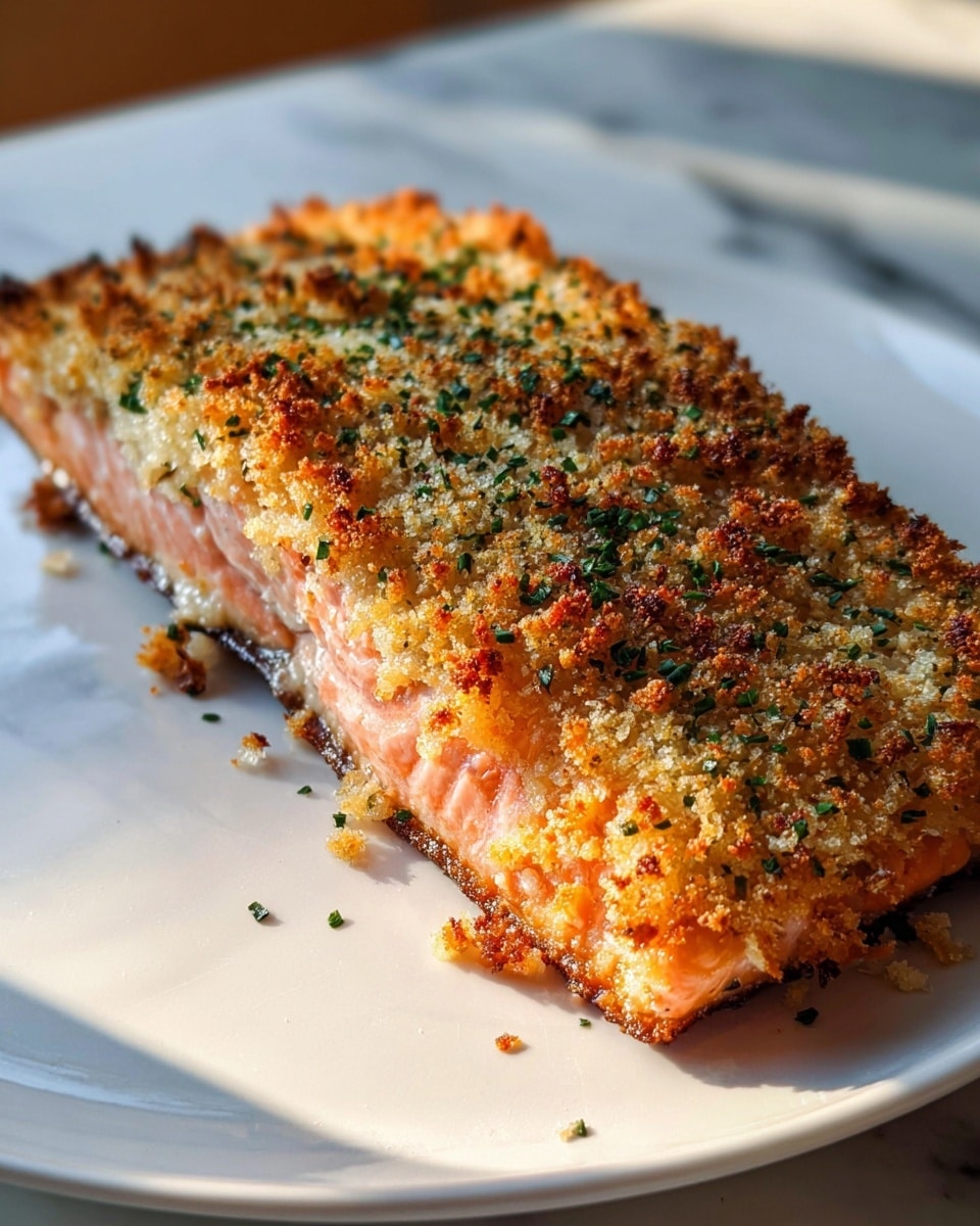 A thick piece of salmon fillet sits at the center of a white plate on a white marbled surface, topped with a golden-brown crust made of toasted breadcrumbs mixed with green herbs, creating a crunchy texture with small dark spots from baking. The salmon's orange-pink flesh is slightly visible on the sides under the crust, showing a moist and tender inside. Photo taken with an iphone --ar 4:5 --v 7