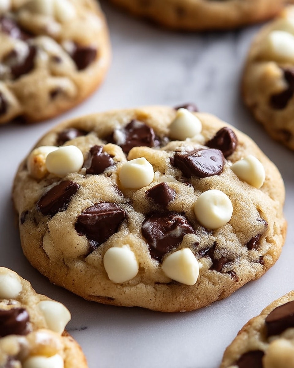 A close-up of a round cookie with a soft, light brown dough base filled and topped with large dark chocolate and white chocolate chips embedded throughout. The cookie surface is slightly textured and cracked, showing a chewy consistency with glossy chocolate chips that create contrast against the matte dough. Several other cookies with the same layers and textures are blurred in the background on a white marbled surface. photo taken with an iphone --ar 4:5 --v 7