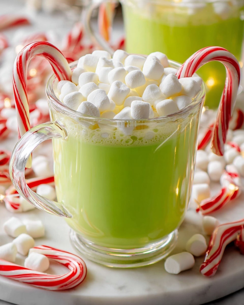 A clear glass mug filled with a bright green creamy drink forms the first layer, topped with a thick layer of white mini marshmallows that cover the whole surface. A white and red striped candy cane rests on top, partially inside the drink and leaning against the marshmallows. The mug sits on a round white marble surface, surrounded by similar candy canes and more scattered mini marshmallows. Photo taken with an iphone --ar 4:5 --v 7