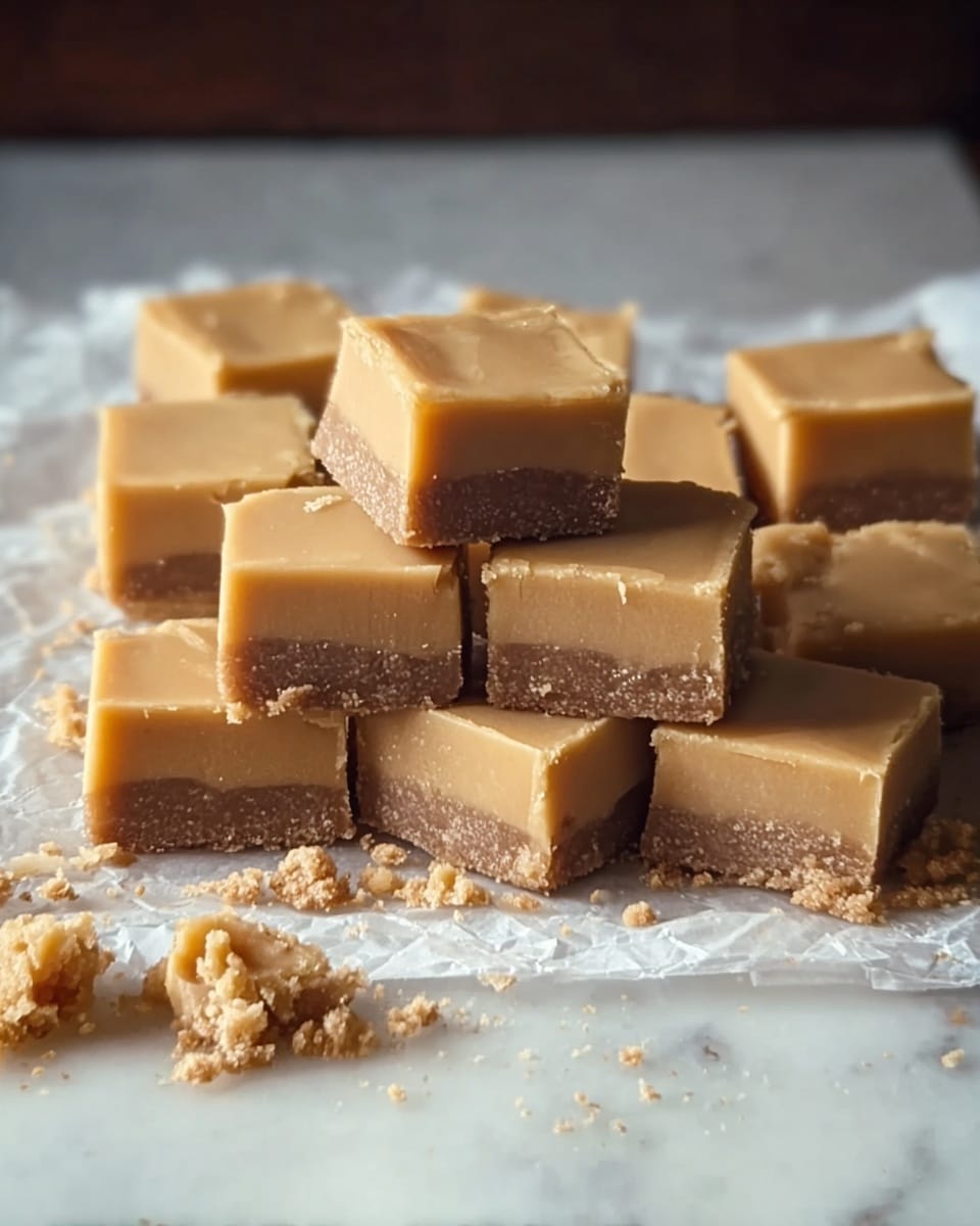 The image shows a batch of fudge squares arranged on a piece of white parchment paper over a white marbled surface. There are three layers visible: the thick top layer is a smooth, creamy light tan color, and the bottom layer is a thin, crumbly, darker brown base. The fudge is cut into neat square pieces, with one square placed on top of another in the center, showing the thickness of the layers clearly. Some small crumbs are scattered around the fudge pieces, adding a textured detail to the scene. photo taken with an iphone --ar 4:5 --v 7