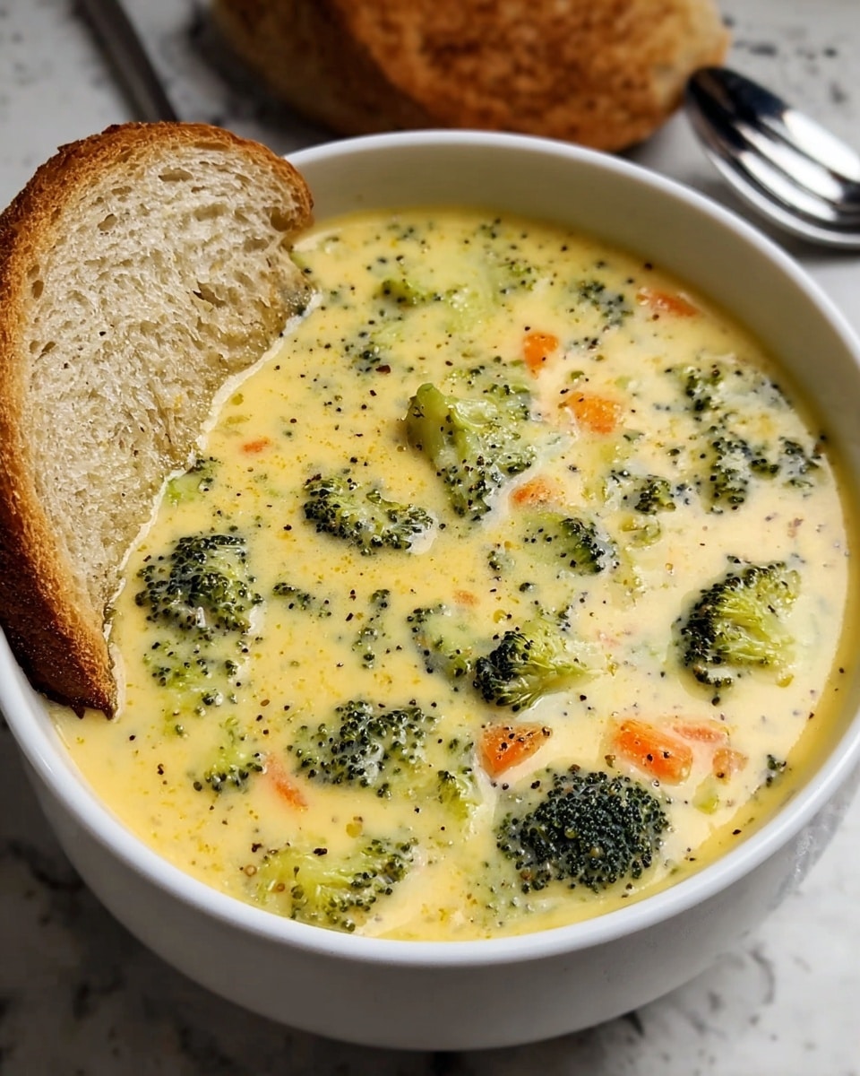 A white bowl filled with creamy broccoli cheese soup, showing multiple pieces of green broccoli and small bits of orange carrot mixed throughout the thick yellow cheesy broth. The soup has a smooth and slightly chunky texture. A slice of lightly toasted bread with a golden brown crust rests on the edge of the bowl. The background surface is a white marbled texture, and a fork is blurred in the back. Photo taken with an iphone --ar 4:5 --v 7