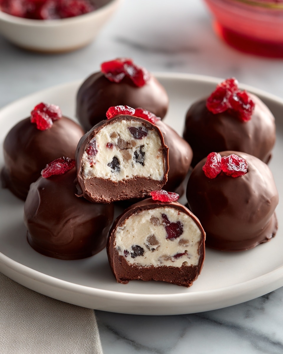 A white plate holds seven round chocolate-coated truffles, each topped with a small piece of bright red candied fruit. One truffle is cut in half at the front, showing two layers inside: a thick outer dark brown chocolate shell with a smooth texture, and an inner white creamy filling speckled with pieces of red fruit and dark bits, giving a chunky and mixed look. The plate sits on a white marbled surface, and the background is softly blurred with hints of red in a bowl. photo taken with an iphone --ar 4:5 --v 7