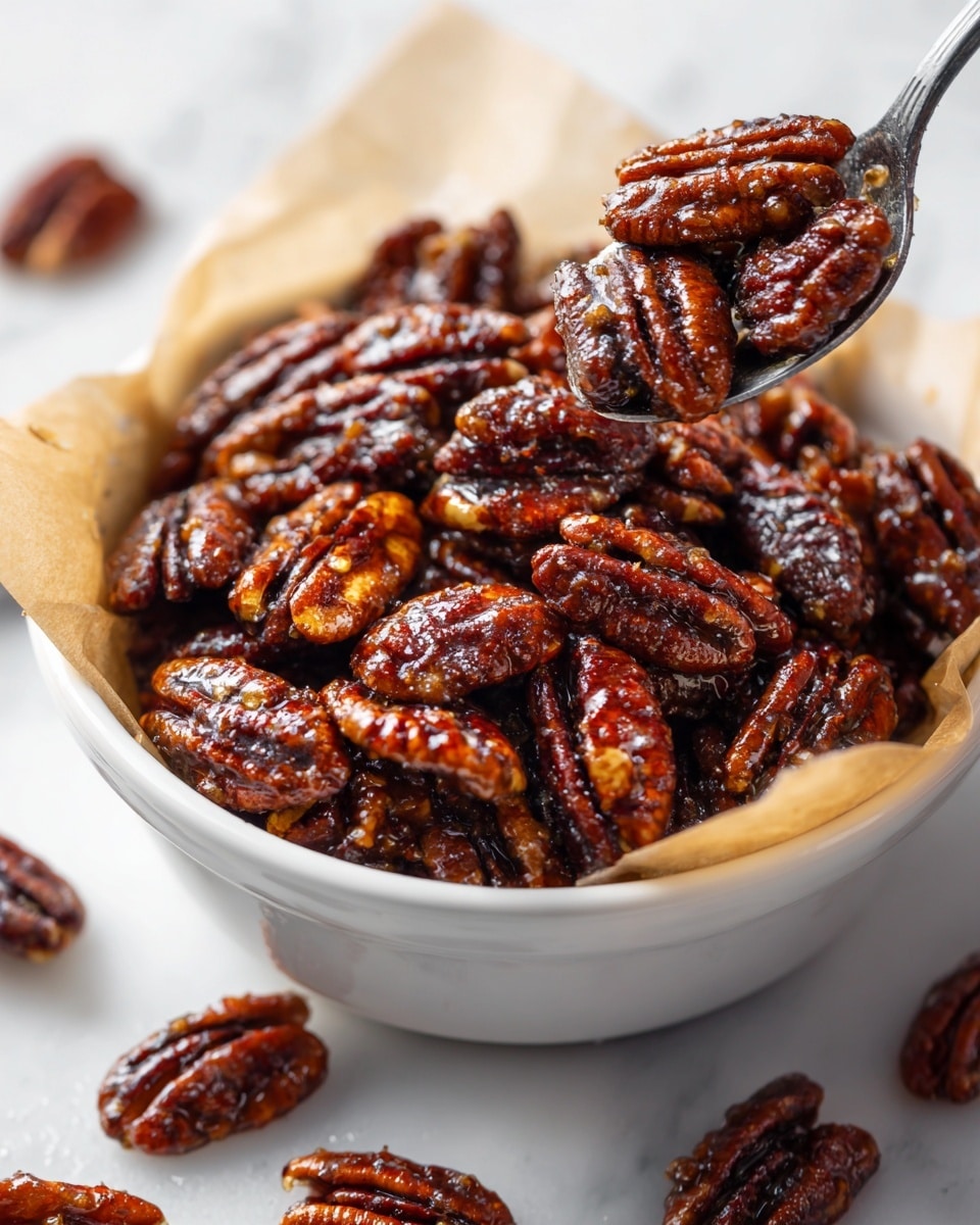 A close-up of a white enamel bowl filled with glazed pecans lined with light brown parchment paper. The bowl is full of shiny, dark brown pecans covered in a sugary, textured glaze, showing a mix of smooth and rough nut surfaces. A woman’s hand holds a metal spoon scooping some pecans from the bowl. Several speckled glazed pecans are scattered on a white marbled surface surrounding the bowl. The light source highlights the glossy coating on the nuts, making them look crunchy and sweet. photo taken with an iphone --ar 4:5 --v 7