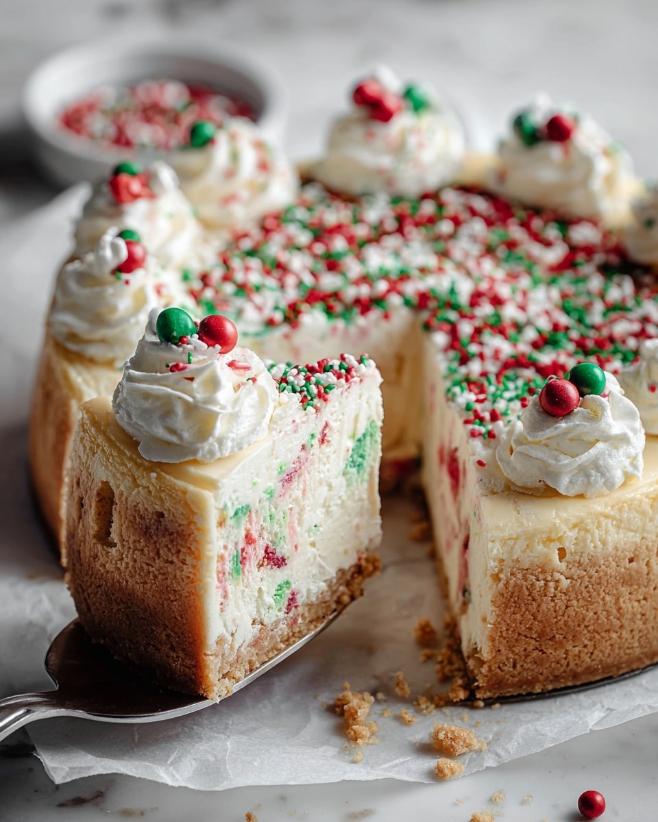 A round cake sits on white crumpled paper over a white marbled surface. The cake has a thick golden-brown crust on the sides and a dense light cream-colored inside with small bits of red and green. It is topped with a thick layer of white frosting, spread unevenly with soft peaks, and decorated with colorful red, green, pink, and white round sprinkles of different sizes scattered generously on the frosting. One slice is cut out and being lifted with a silver spatula, showing the layers clearly. The photo taken with an iphone --ar 4:5 --v 7