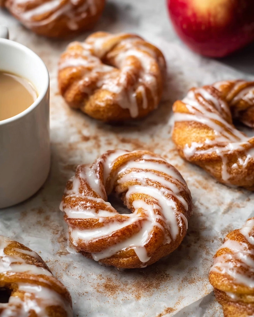 The image shows several round, twisted donuts with a rich golden-brown color, each topped with a glossy white icing glaze that follows the curves of the twists. The icing appears drizzled unevenly, adding texture, and the donuts are sprinkled lightly with a fine brown powder, likely cinnamon or spice, over the top. They are arranged loosely on a parchment paper surface with a soft, warm light highlighting their texture and glaze. A white cup filled with a light brown coffee or tea sits partially in the frame on one side, and a red apple is visible in the background, adding color contrast. The white marbled surface underneath the parchment sheet makes the warm tones of the donuts stand out. photo taken with an iphone --ar 4:5 --v 7