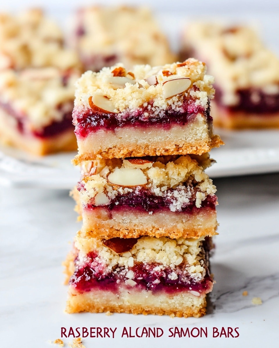 The image shows a stack of three thick raspberry almond bars on a white plate with a white marbled surface underneath. Each bar has three layers: a crumbly golden-brown base, a bright reddish-purple raspberry jam layer in the middle, and a lighter golden crumbly top sprinkled with sliced almonds. The texture looks soft and crumbly with bits of almond visible in all layers. The background is softly out of focus showing more bars on a white plate, set against a white marbled surface. Photo taken with an iphone --ar 4:5 --v 7