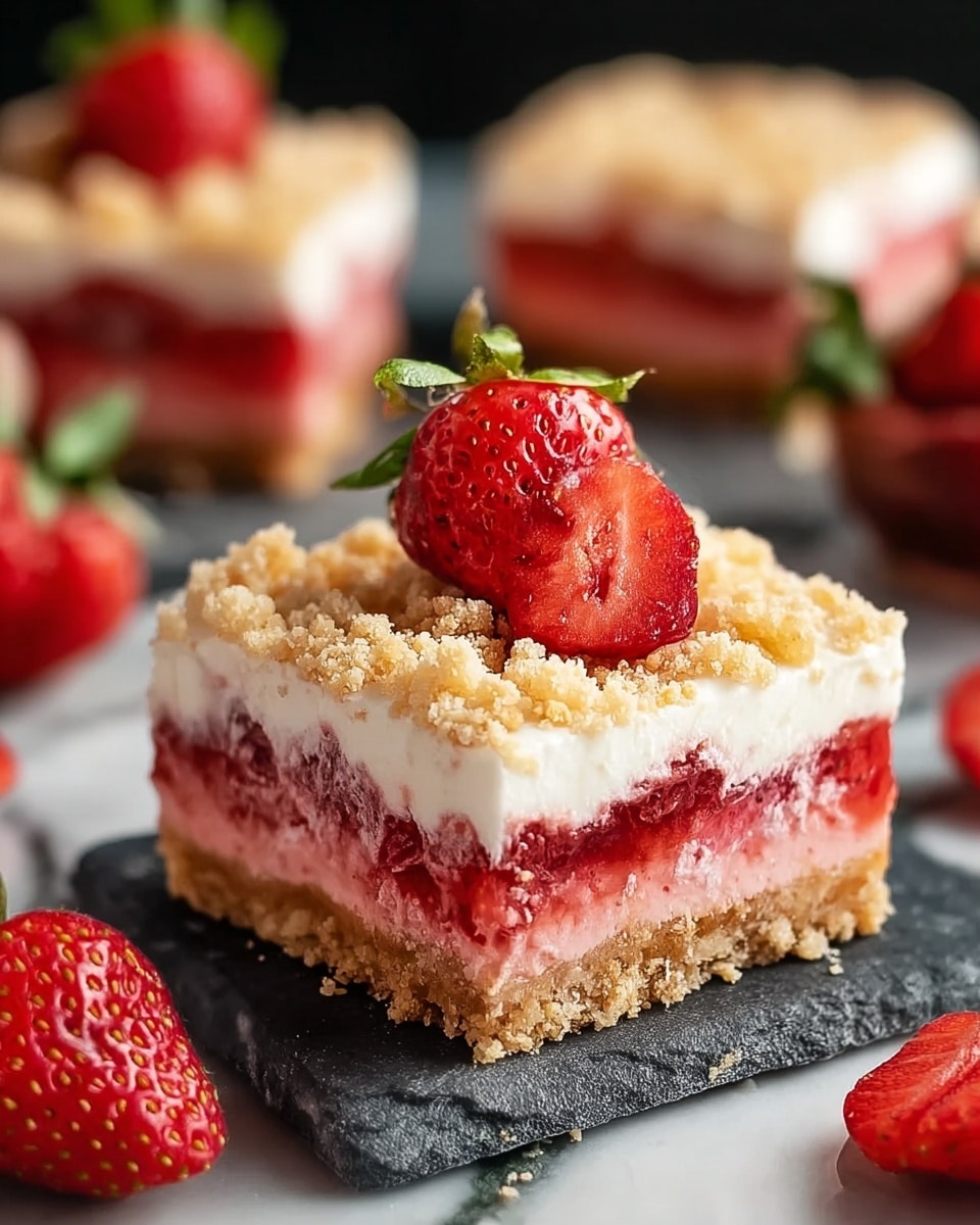 Two square layered strawberry dessert bars stacked on a wooden plate with a white marbled background. Each bar has four layers: the bottom layer is a crumbly golden brown crust, above it is a bright red strawberry jelly layer with visible fruit pieces, then a thick white creamy layer, and the top is covered with a golden crumbly topping. Two whole bright red strawberries with green leaves sit on the top bar. Crumbs are scattered around the plate. Photo taken with an iphone --ar 4:5 --v 7