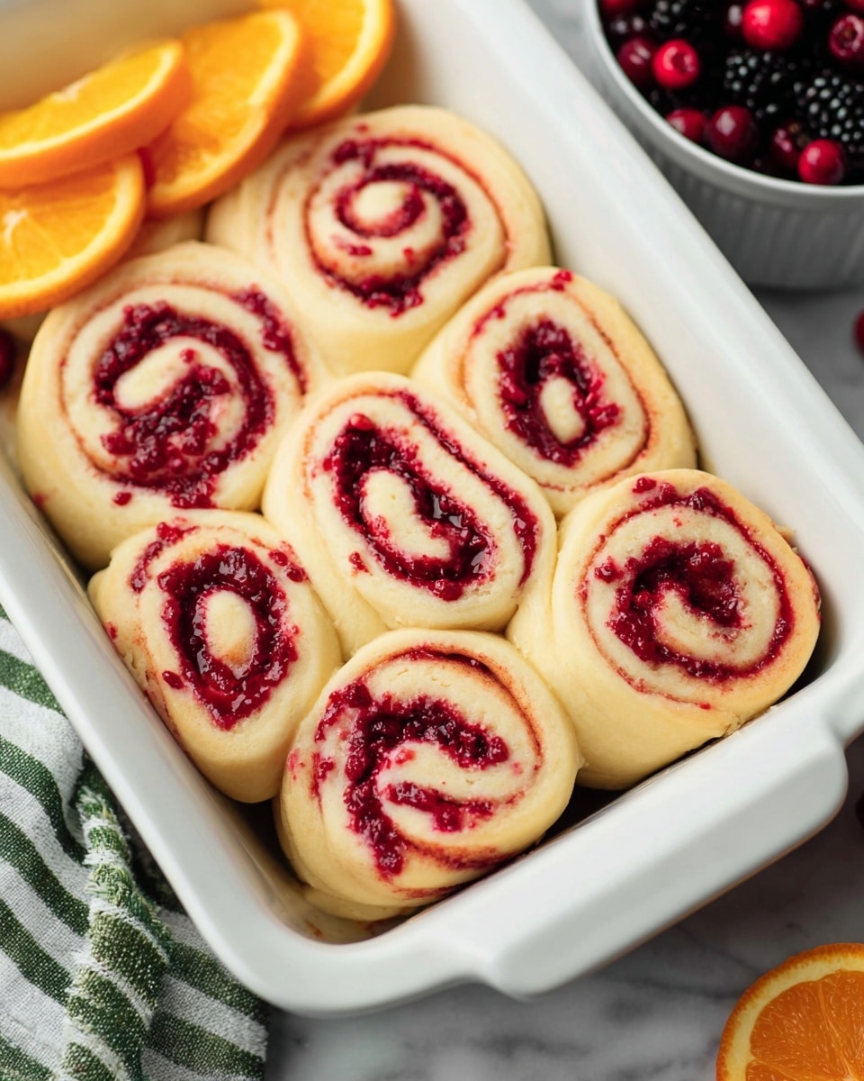 Seven thick, soft swirled rolls with a smooth pale yellow dough base rolled around a bright red, slightly chunky berry filling are placed inside a white baking dish. The filling is evenly spread in each roll, showing through the spiral layers that are tightly wound and slightly golden at the edges. The dish is set on a white marbled surface with a bunch of dark red and black berries in a small white bowl and sliced orange fruit in the background. Photo taken with an iphone --ar 4:5 --v 7