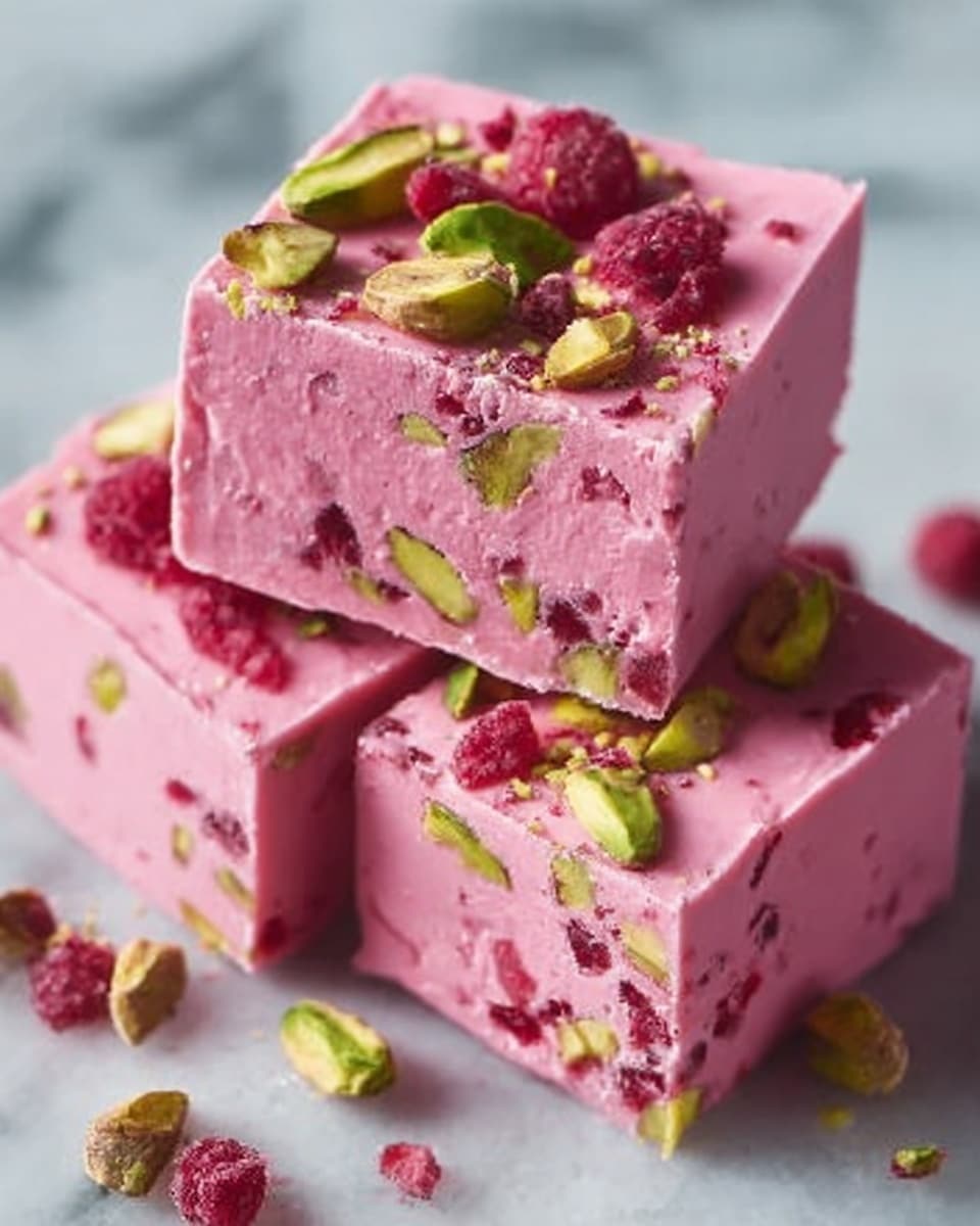 The image shows three square pieces of bright pink dessert stacked casually on a white marbled surface. Each piece has a smooth, creamy texture with bits of green pistachio nuts and red raspberry seeds mixed inside and sprinkled on top. The top piece is decorated with whole green pistachios, small pieces of raspberry, and a few raspberry seeds, giving a colorful contrast to the pink base. The layers are thick, solid, and evenly cut, making the dessert look rich and inviting. Photo taken with an iphone --ar 4:5 --v 7