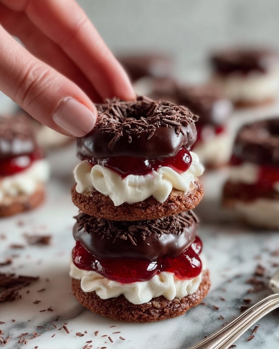 The image shows a small dessert made of two layers stacked on top of each other. Each layer starts with a round brown cookie base, topped with white creamy frosting in a swirl shape, and then a bright red jelly dollop in the center. The top of each layer is a dark shiny chocolate-covered ring sprinkled with dark chocolate flakes, adding texture. A woman's hand is gently holding the top chocolate ring of the dessert. In the background, there are more of these desserts blurred on a white marbled surface with some chocolate flakes scattered around. A silver fork is placed on the right side. photo taken with an iphone --ar 4:5 --v 7