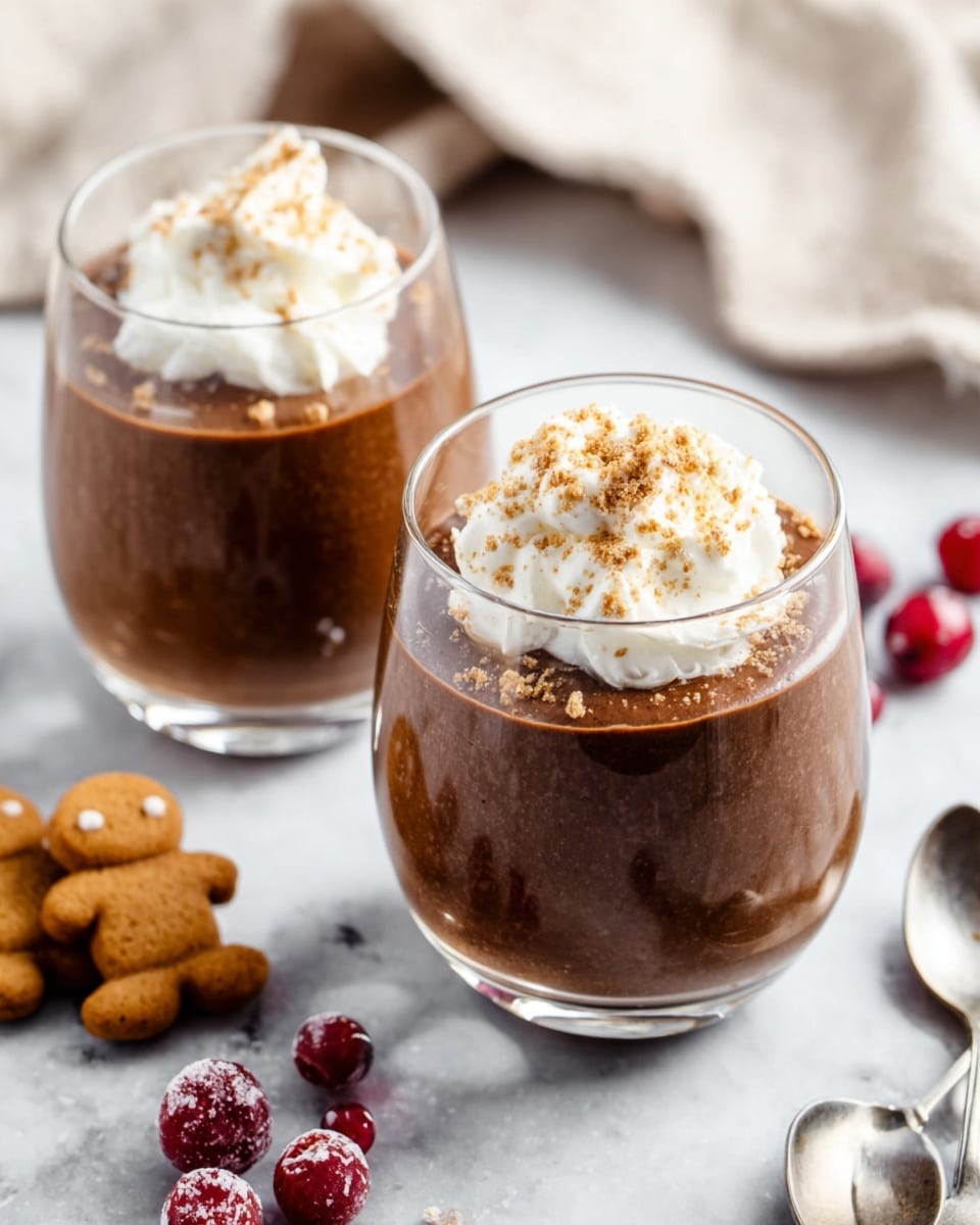 Two clear glass cups each hold two layers: a thick, smooth dark brown pudding at the bottom, topped with a dollop of white whipped cream sprinkled with light brown crumbs. The glasses stand on a white marbled surface scattered with red frozen berries and two round brown cookies shaped like little people. A spoon lies to the right of the glasses, and a soft beige cloth is blurred in the background. Photo taken with an iphone --ar 4:5 --v 7