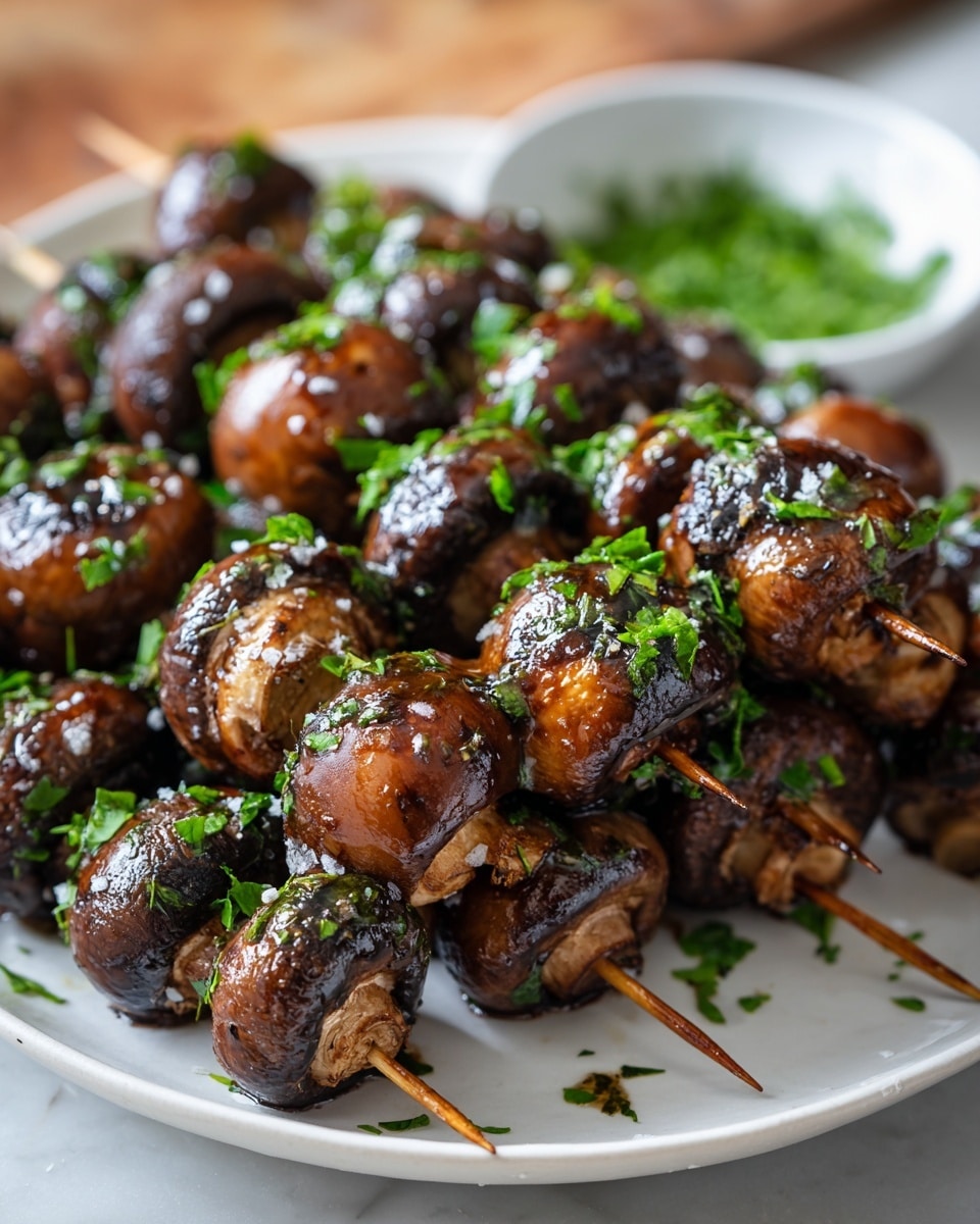 The image shows a white plate filled with skewers of grilled mushrooms. Each skewer holds several whole mushrooms, stacked closely together, with a shiny glaze on their dark brown, slightly charred surfaces. Bright green chopped herbs are sprinkled on top, adding a fresh color contrast. The mushrooms appear juicy and tender with a light sprinkle of coarse salt visible. In the background, a blurred white bowl with herbs can be seen on a white marbled surface. photo taken with an iphone --ar 4:5 --v 7