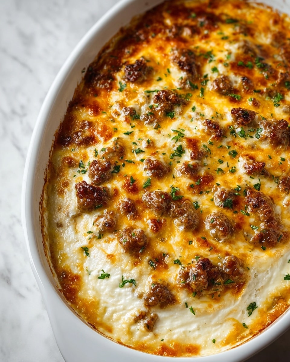 The image shows a white oval dish filled with a baked casserole that has three main visual layers. The top layer is golden brown melted cheese speckled with browned, crumbled sausage pieces and small bits of green herbs scattered across, giving a slightly crispy and textured look. Below the cheese and sausage layer is a smooth, creamy, white layer of what appears to be a soft cheese or creamy sauce that contrasts with the golden top. The edges of the dish show slight browning where the melted cheese meets the sides. The dish is placed on a surface with a white marbled texture. photo taken with an iphone --ar 4:5 --v 7