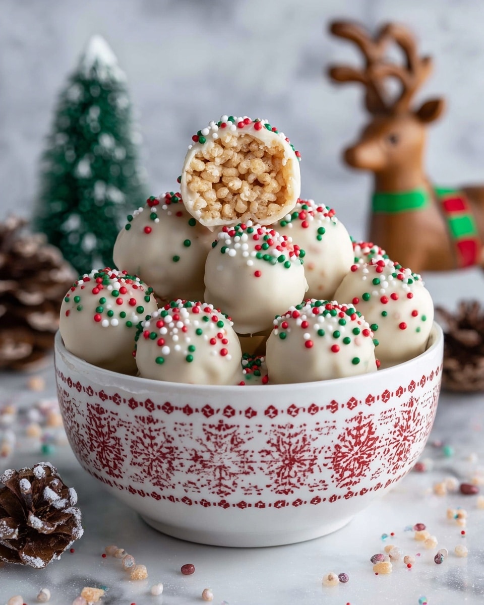A white bowl with red and white snowflake designs is filled with round treats covered in smooth white chocolate and topped with small red, green, and white round sprinkles. One treat is placed on top showing its inside, made of light brown crispy rice cereal tightly packed in one layer. The bowl sits on a white marbled surface with scattered sprinkles and pine cones around. In the blurred background, there are two wooden reindeer decorations wearing colorful scarves and three small green pine trees covered with snow, creating a festive scene. Photo taken with an iphone --ar 4:5 --v 7