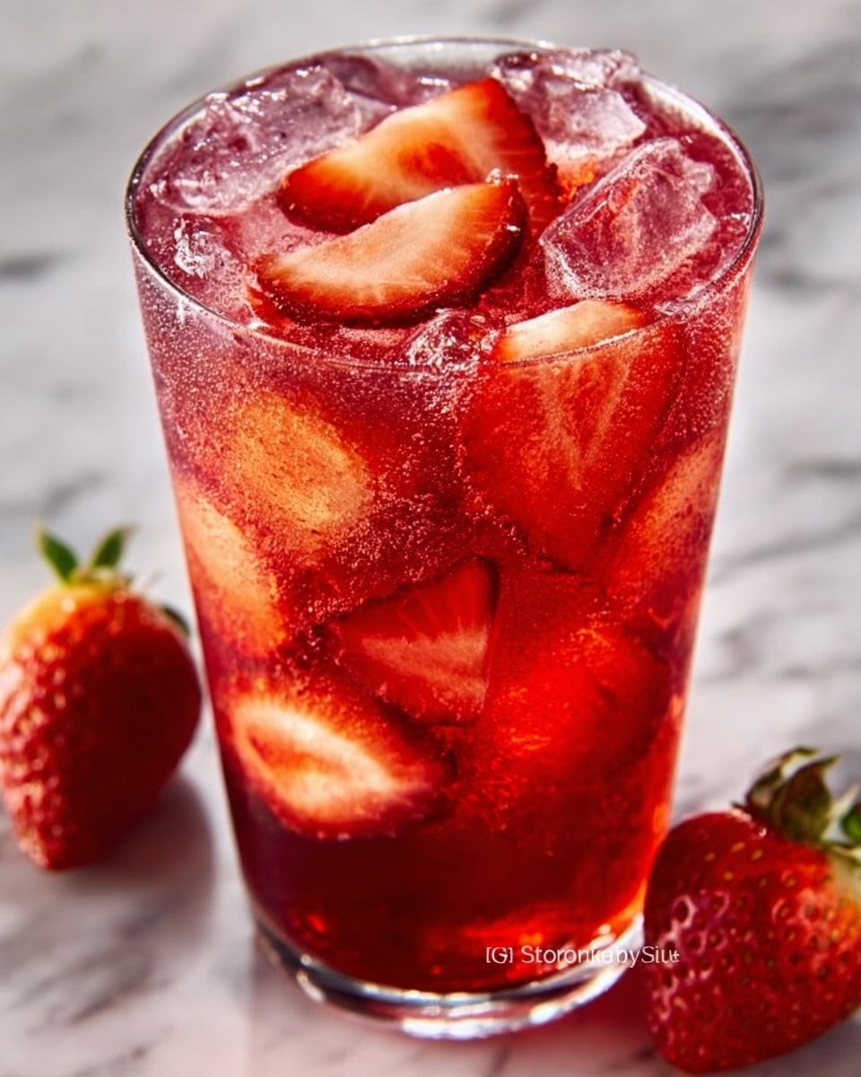 A clear glass filled with a bright red sparkling drink contains multiple thin slices of fresh strawberries spread throughout the liquid, giving it a juicy and vibrant look. The top layer is covered with crushed ice that slightly melts into the drink, showing its cold, refreshing nature. The glass sits on a white marbled surface with a whole strawberry placed nearby, adding a natural and fresh touch to the scene. Photo taken with an iphone --ar 4:5 --v 7