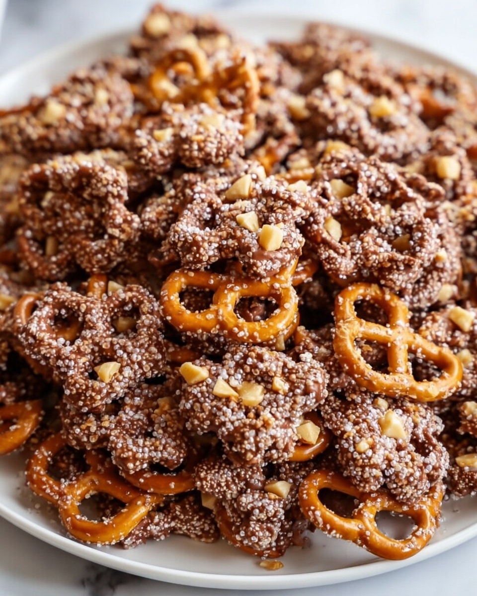 A close-up image of pretzel snacks piled high on a white plate set on a white marbled background. The snacks have one layer of golden brown pretzels at the bottom with a shiny texture, topped with a rough layer of chocolate-covered pieces coated in tiny sugar crystals and sprinkled with small, pale yellow toffee bits. The dessert looks crunchy and sweet with a mixture of smooth and bumpy textures, filling the plate in a casual heap. Photo taken with an iphone --ar 4:5 --v 7