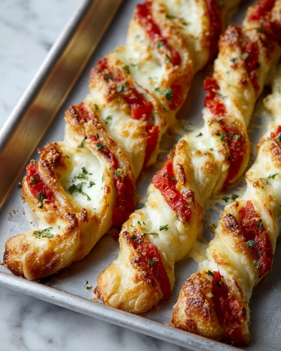Three crescent-shaped breadsticks lie on a silver baking tray, each twisted with alternating thick layers of melted white cheese and bright red tomato sauce. The bread has a golden-brown crust with a soft, fluffy texture inside. Small green herb sprinkles decorate the cheese on the breadsticks, adding contrast. The cheese is melted smooth and bubbly in places, while the tomato sauce appears glossy and fresh. The tray is resting on a surface with a white marbled texture. photo taken with an iphone --ar 4:5 --v 7