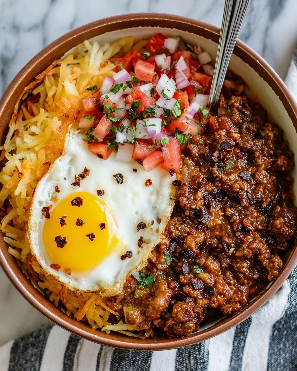 The dish shows a bowl filled with three main layers: on the left, a layer of golden-brown crispy hash browns with a shredded texture; next to it, a bright and fresh salsa made of diced red tomatoes, white onions, and green herbs placed at the center; on the right side, a thick, rich ground meat chili with visible chunks of meat and sauce in shades of brown and red. On top, there is a single sunny-side-up egg with a bright yellow yolk and glossy white edges, decorated with small crumbles of dark chili flakes. A fork is partially visible on the right side, standing in the chili. The bowl is placed on a white marbled surface with a striped cloth underneath. photo taken with an iphone --ar 4:5 --v 7