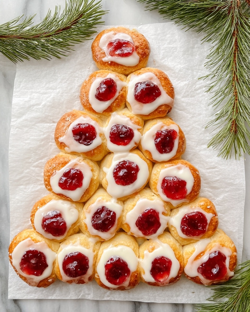 The dish is a Christmas tree-shaped arrangement of golden-brown rolls placed on white parchment paper over a white marbled surface. Each roll has a round shape with a creamy white icing layer swirled inside the dough and topped with a bright red cherry jam center, creating a shiny, glossy look. There are five rows of rolls forming the tree, starting with a single roll at the top and expanding to a row of six at the bottom, plus a single roll at the base acting as the tree trunk. The rolls are drizzled with a smooth white glaze, adding a glossy texture. Two green pine branches lie diagonally at the bottom left and top right corners, framing the tree shape. Photo taken with an iphone --ar 4:5 --v 7