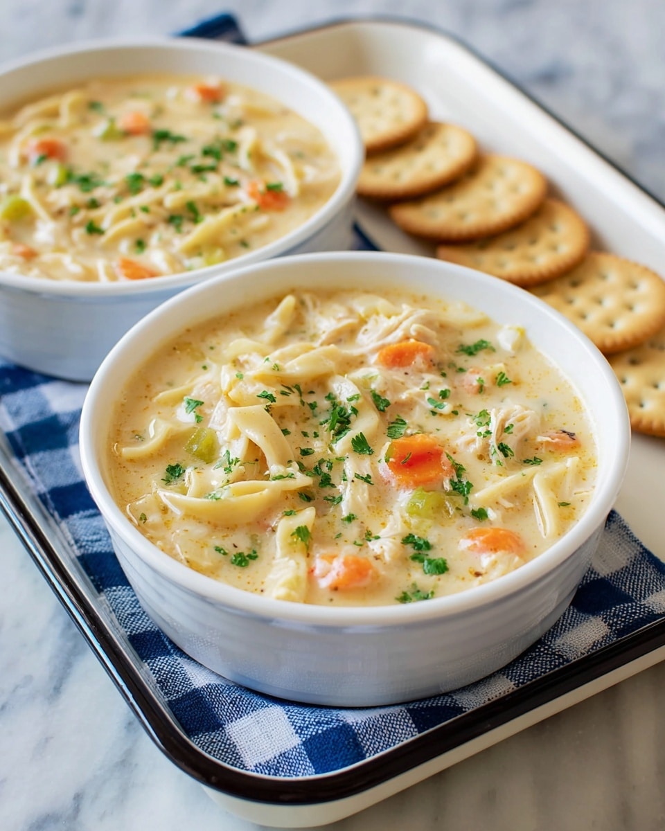 Two white bowls filled with creamy soup sit on a white tray with a dark rim, placed on a blue and white checkered cloth over a white marbled surface. The soup has a thick layer of light yellow broth mixed with short white noodles and small chunks of orange carrot, light green celery, and bits of chicken. Fresh chopped green herbs are sprinkled on top as garnish. Around the lower bowl on the tray, several round light brown crackers are scattered, adding texture to the scene. The photo taken with an iphone --ar 4:5 --v 7