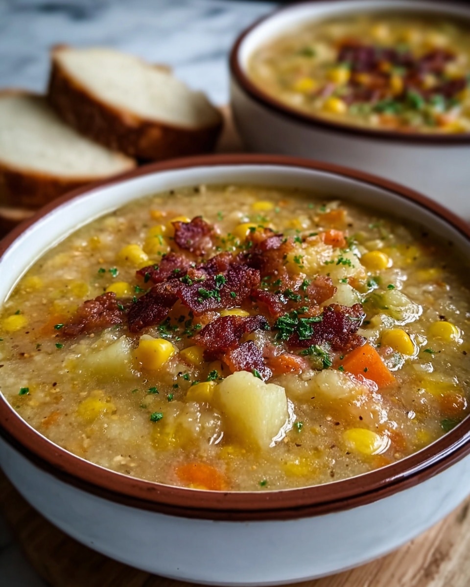 A close-up view of a thick soup served in two white bowls, filled with chunky layers of diced potatoes, yellow corn kernels, and small diced orange carrots in a creamy broth with visible herbs and spices. The top layer is garnished with crispy pieces of browned bacon and finely chopped green parsley scattered over the surface. The bowls sit on a white marbled surface, with two slices of white bread blurred in the background. photo taken with an iphone --ar 4:5 --v 7