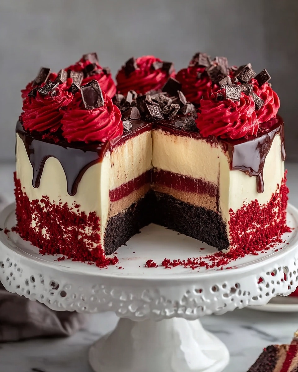 A three-layer cake on a white ornate cake stand with a cut slice showing inside layers: the bottom layer is dark chocolate, the middle layer is creamy white cheesecake, and the top layer is dark chocolate with a shiny red glaze dripping slightly down the sides. Around the top edge of the cake, there are eight swirls of deep red frosting, each decorated with pieces of dark chocolate and chocolate chips. The sides near the base of the cake are covered with red cake crumbs. The background is a white marbled texture. photo taken with an iphone --ar 4:5 --v 7