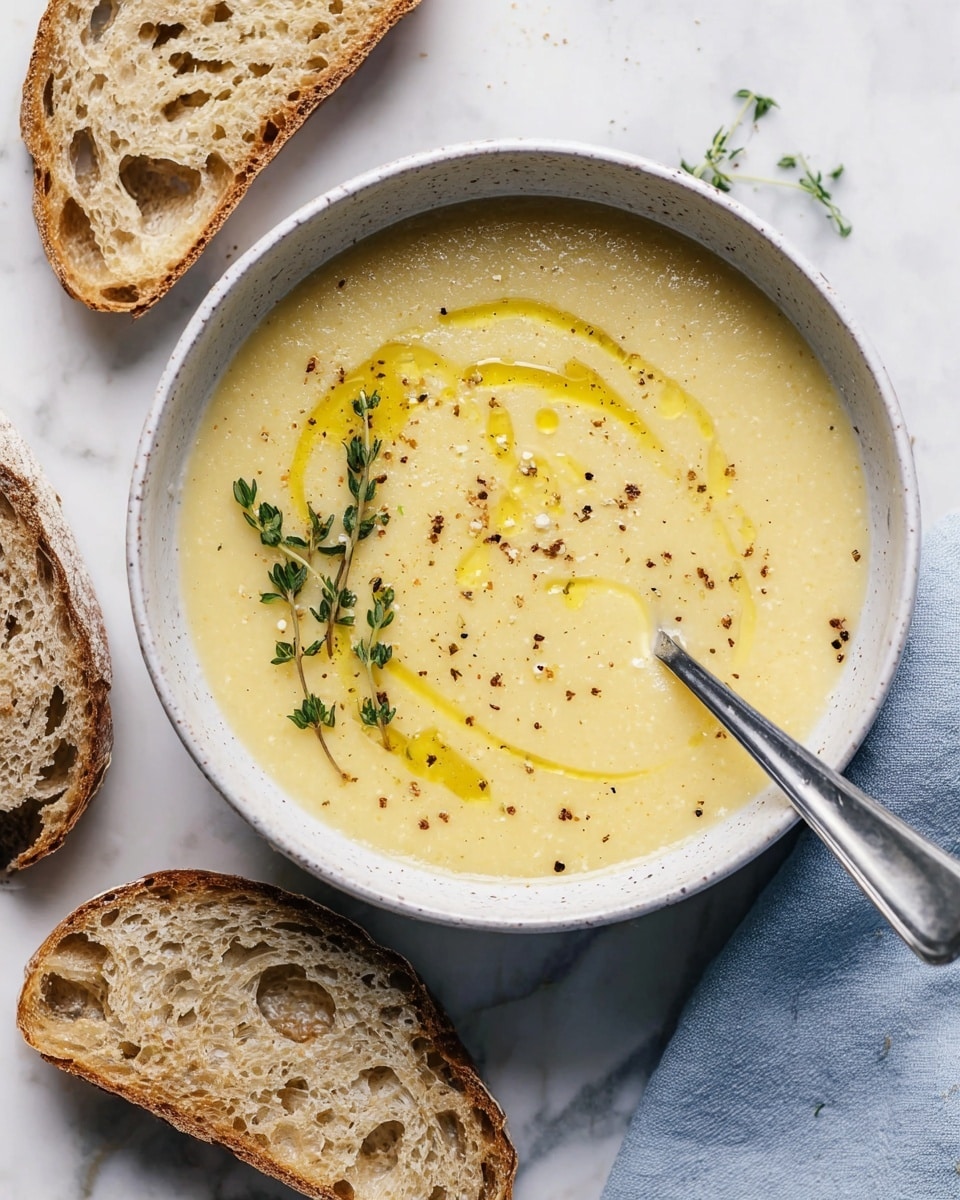 A white bowl filled with creamy, light yellow soup that has a smooth texture, topped with a swirl of olive oil and small specks of black pepper, accompanied by two fresh green thyme sprigs on the left side. A silver spoon rests on the right edge of the bowl, partially immersed in the soup. Around the bowl, there are two slices of rustic bread with a golden brown crust and holes in the soft inner crumb, placed on a white marbled surface with a soft blue cloth nearby. Photo taken with an iphone --ar 4:5 --v 7