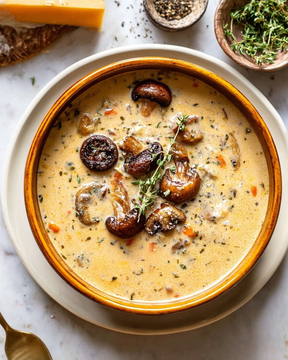 A bowl of creamy mushroom soup is shown with a smooth, light beige base filled with visible small bits of mushrooms, herbs, and diced carrots. On top, several whole sautéed brown mushrooms add texture and a rich dark brown color, garnished with a small sprig of fresh green thyme placed in the center. The soup is served in a round bowl with a warm amber-brown rim, sitting on a white plate with a slightly raised edge. The background is a white marbled surface with a small dish of black pepper or spices, a small bowl holding fresh green thyme, and a wedge of pale orange cheese partially visible. Photo taken with an iphone --ar 4:5 --v 7