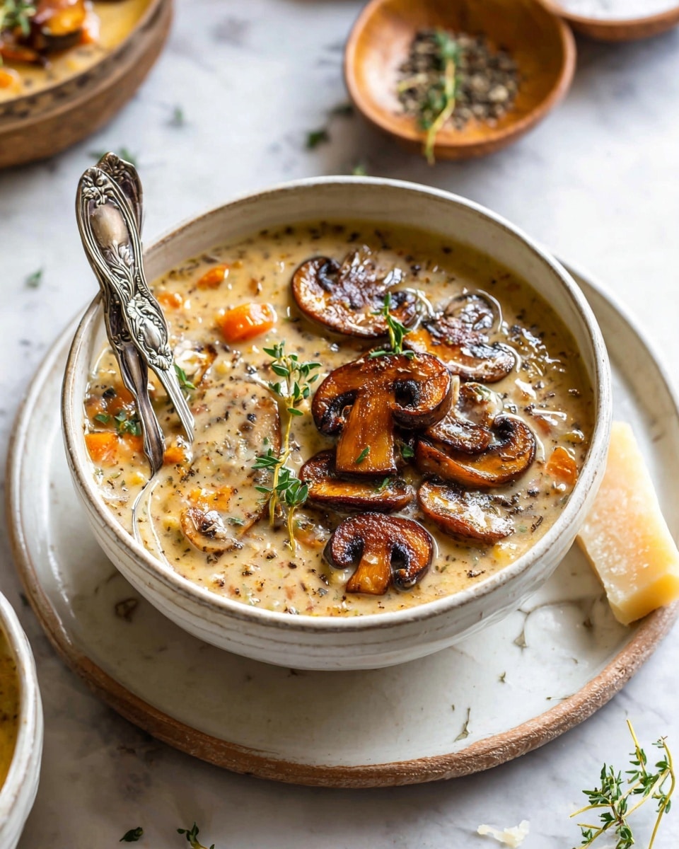 A white bowl filled with creamy mushroom soup shows several layers: a light beige creamy base mixed with small chunks of orange carrot, pale celery, and finely chopped onions, topped with several browned sautéed mushroom slices that have a rich brown color and slightly shiny texture, garnished with fresh green thyme sprigs resting on top. Two antique silver spoons with floral designs lean inside the bowl. The bowl sits on a white plate on a white marbled surface, with a piece of pale yellowish Parmesan cheese with brown edges on the plate's rim, and small wooden bowls with fresh thyme and black pepper nearby in the background. Photo taken with an iphone --ar 4:5 --v 7