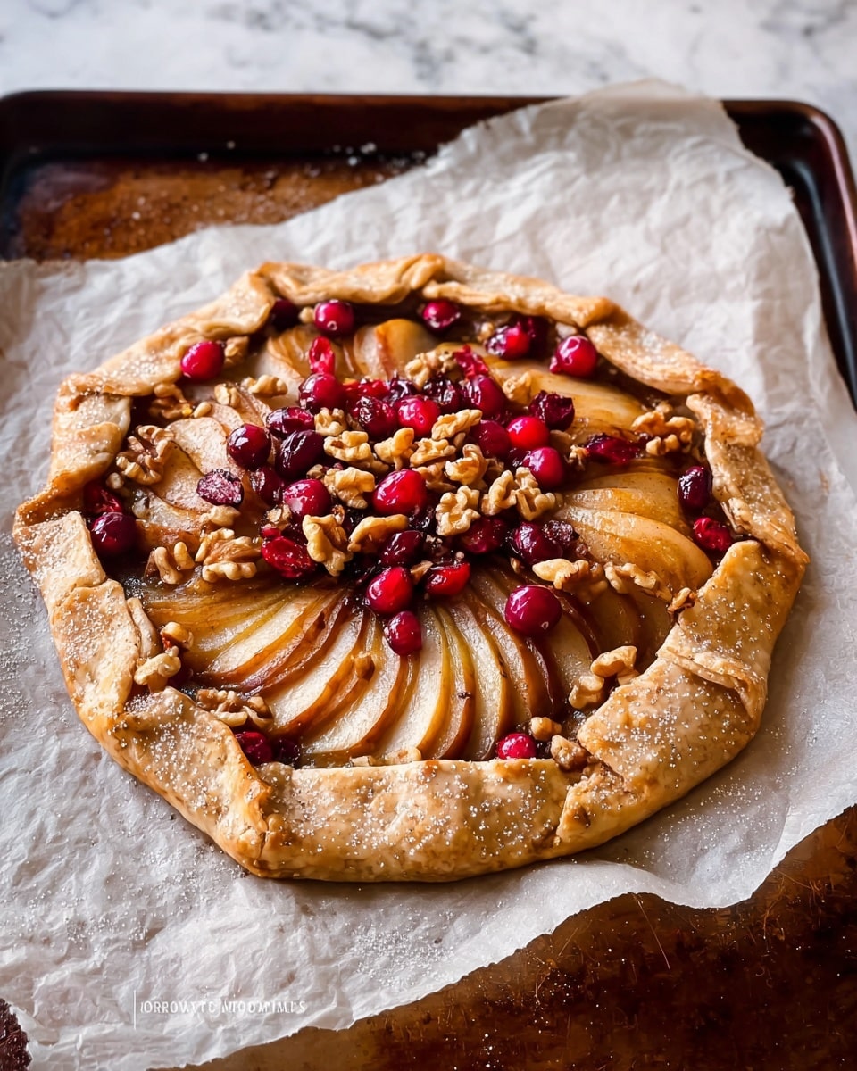 The dish is an open rustic tart with a single visible layer of sliced, glossy golden-brown pears arranged in overlapping rows starting from the center and radiating outward. Bright red cranberries and uneven pieces of light brown walnuts are scattered generously on top, adding pops of color and texture. The edges of the tart dough are thick, raw, and beige with coarse sugar sprinkled over, folded over irregularly to partially cover the filling. The tart sits on crinkled white parchment paper placed on a dark metal baking tray, with a white marbled texture underneath. photo taken with an iphone --ar 4:5 --v 7