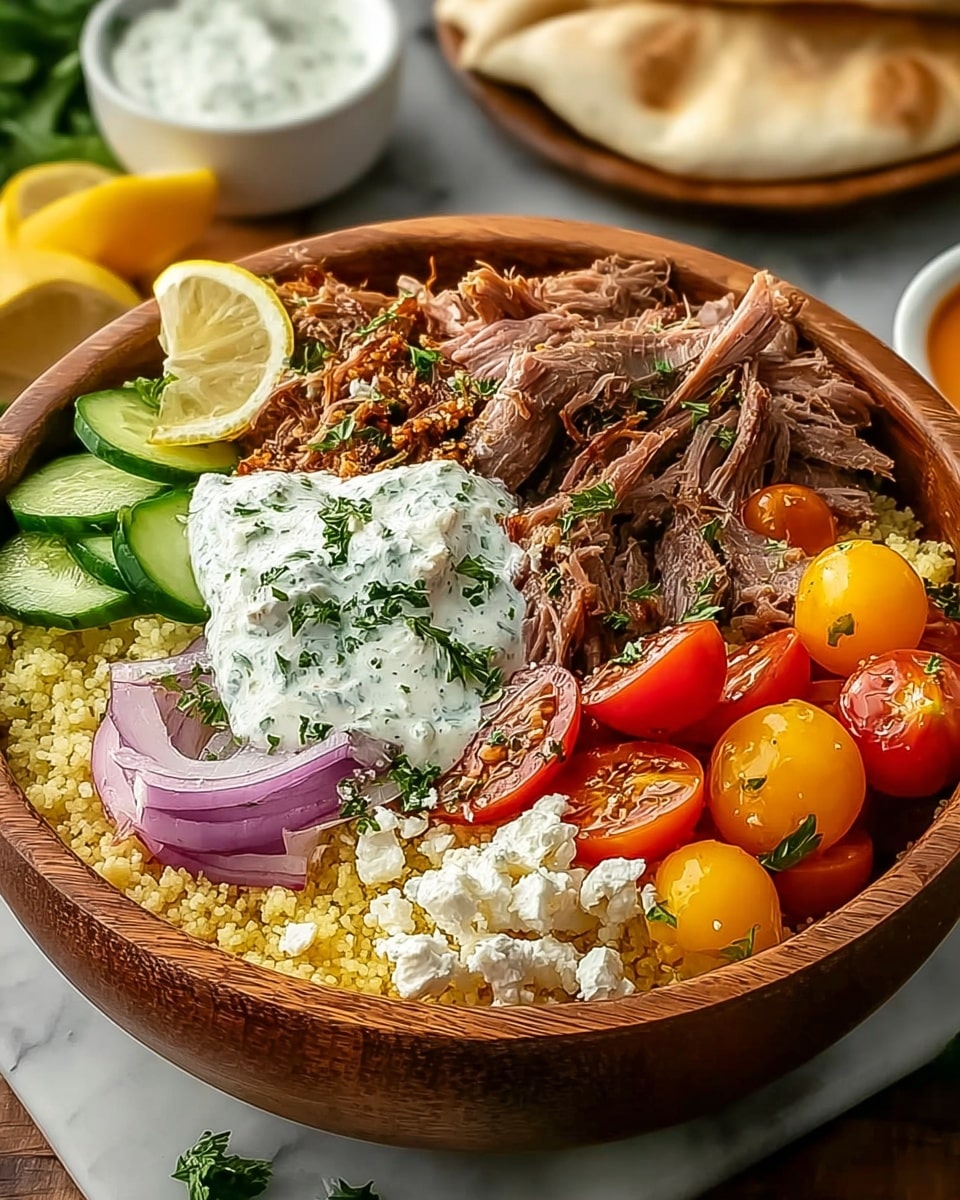 A wooden bowl filled with several food layers is placed on a white marbled surface. The base layer looks like light yellow couscous with a grainy texture. On top, there are pieces of cooked shredded meat on one side, rich brown with a slightly pink center. Next to the meat, there is a dollop of white sauce with a creamy texture, sprinkled with green herbs. Around the edges, there are halved red and yellow cherry tomatoes with a smooth shiny surface, slices of bright green cucumber with visible seeds, thin rings of purple onion, and a wedge of lemon with a slightly translucent yellow color. Small white crumbles resembling cheese are scattered around the vegetables, adding contrast. In the background, there is some white naan bread and small white bowls with different sauces. photo taken with an iphone --ar 4:5 --v 7