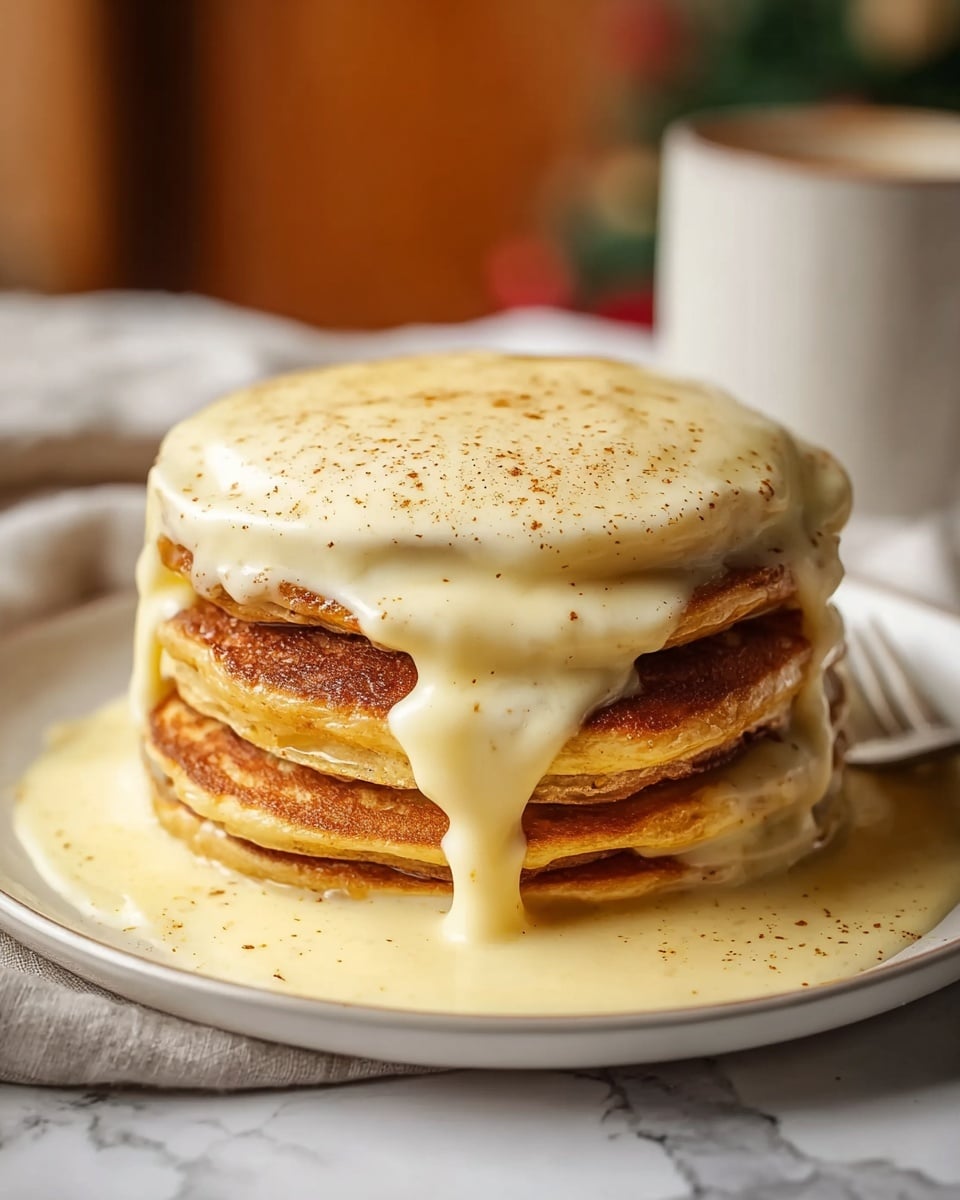 A stack of four golden brown pancakes with a smooth, thick cream sauce flowing over the top and down the sides, pooling around the base on a white plate. The sauce has a light yellow color with specks of cinnamon sprinkled on top, adding a textured speckled look. The pancakes have a fluffy texture with slightly crisp edges visible. The background is softly blurred with warm tones, and the entire scene sits on a white marbled surface with a folded linen cloth partially visible under the plate. photo taken with an iphone --ar 4:5 --v 7