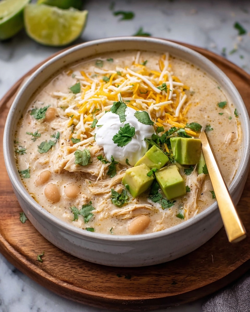 A deep white bowl filled with creamy chicken and white bean soup, showing one main layer of light beige, slightly chunky soup with visible shredded chicken and beans throughout. On top, there is a generous pile of shredded yellow and white cheese mixed, followed by a dollop of white sour cream centered in the bowl. To the right of the sour cream, several small cubes of light green avocado rest, all topped with finely chopped green cilantro. A gold spoon is resting inside the bowl on the right side. The bowl is set on a round wooden board, placed on a white marbled textured surface, with lime wedges blurred in the background. Photo taken with an iphone --ar 4:5 --v 7